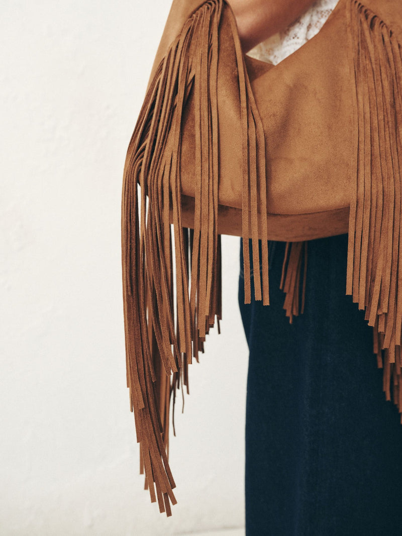 Tan brown suedette fringe shoulder bag 42x40x14cm (British brand)