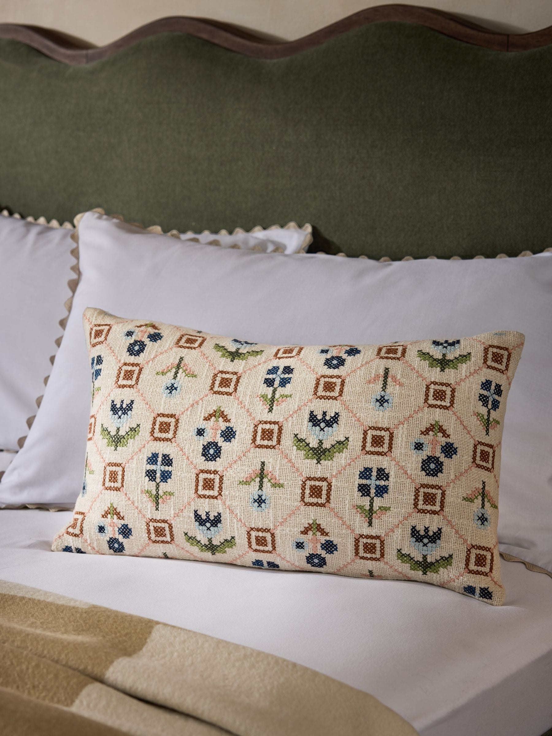 Orange floral cross stitch cushion 30x50cm (British brand)