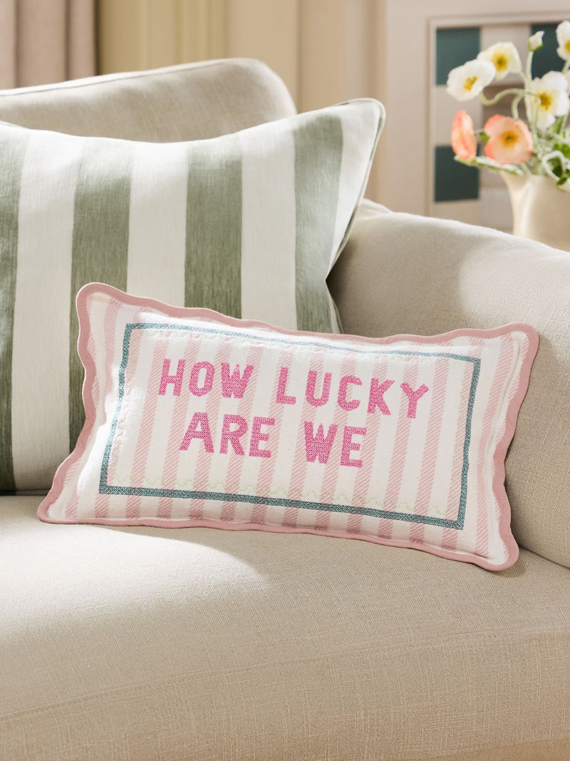 Embroidered slogan cushion pink striped 50x30cm, imported from the UK