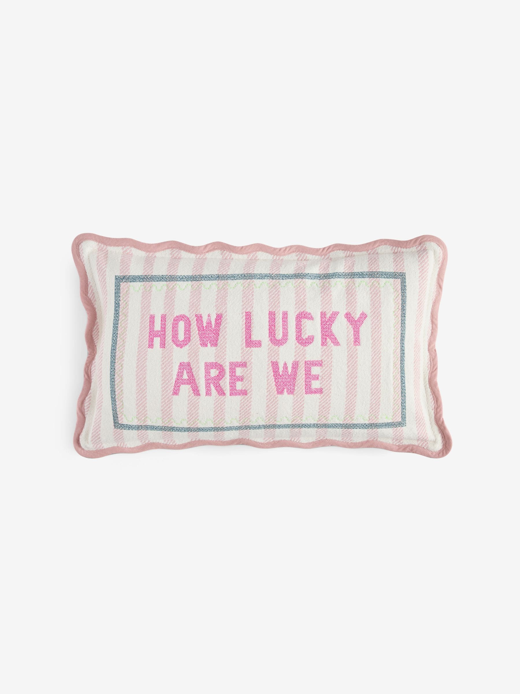 Embroidered slogan cushion pink striped 50x30cm, imported from the UK