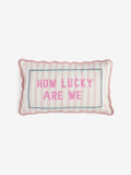 Embroidered slogan cushion pink striped 50x30cm, imported from the UK