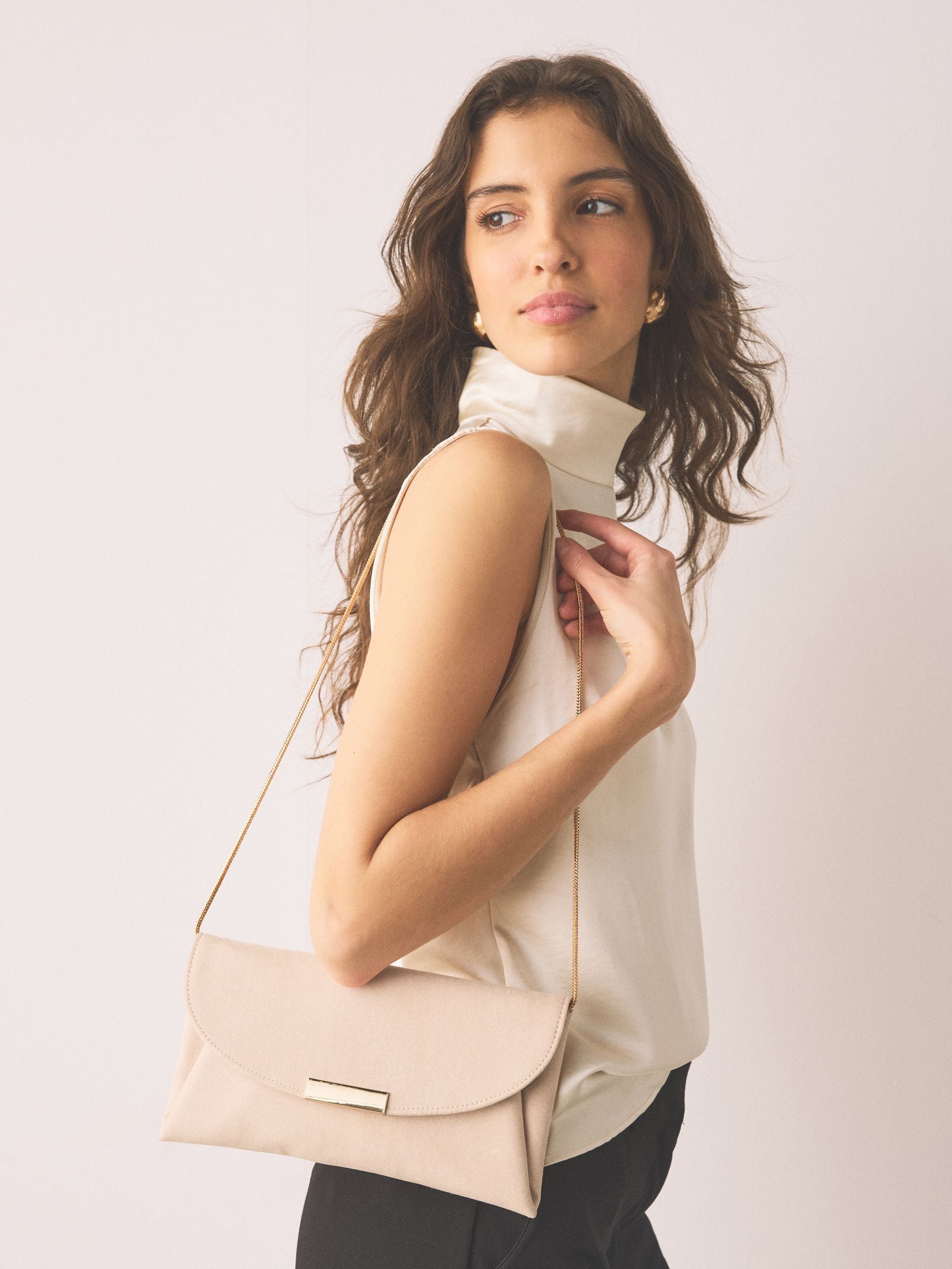 Nude clutch bag crossbody with chain strap, recycled polyester - British product