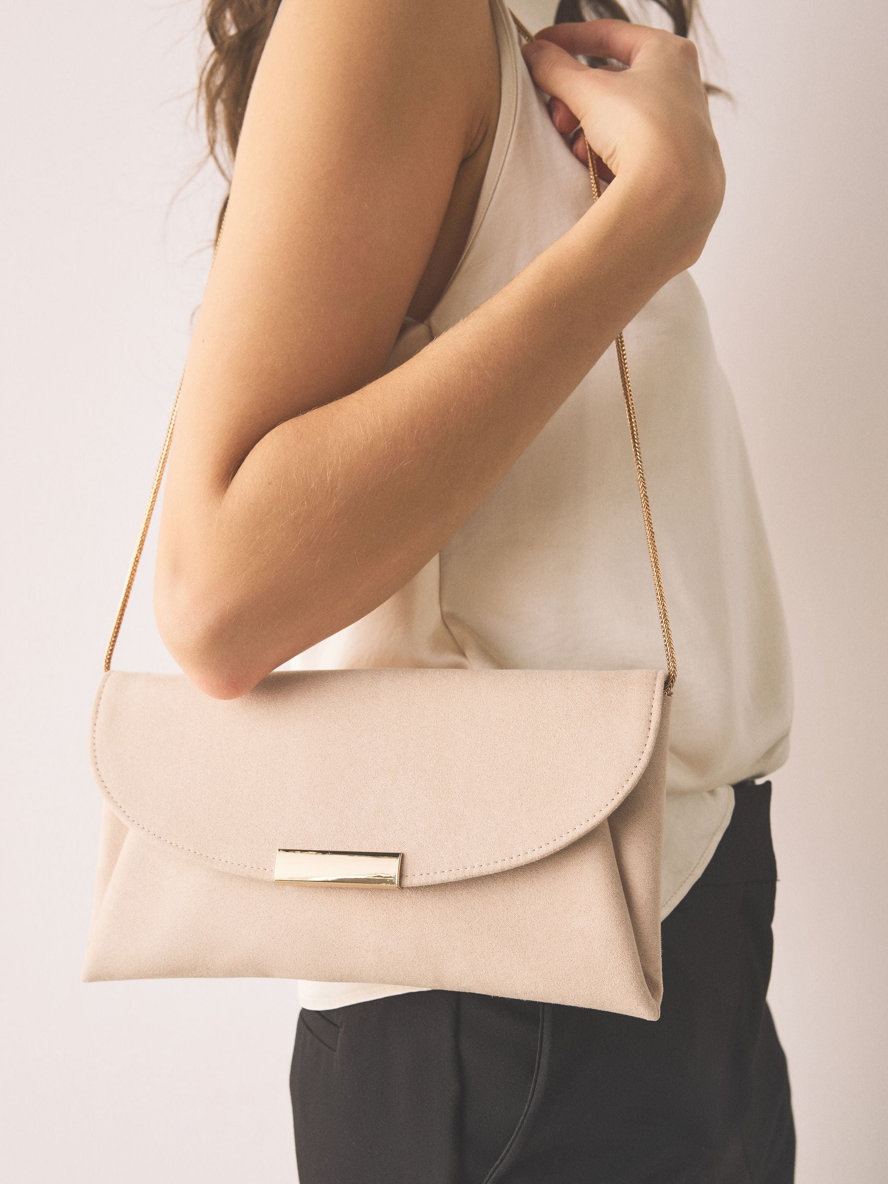 Nude clutch bag crossbody with chain strap, recycled polyester - British product