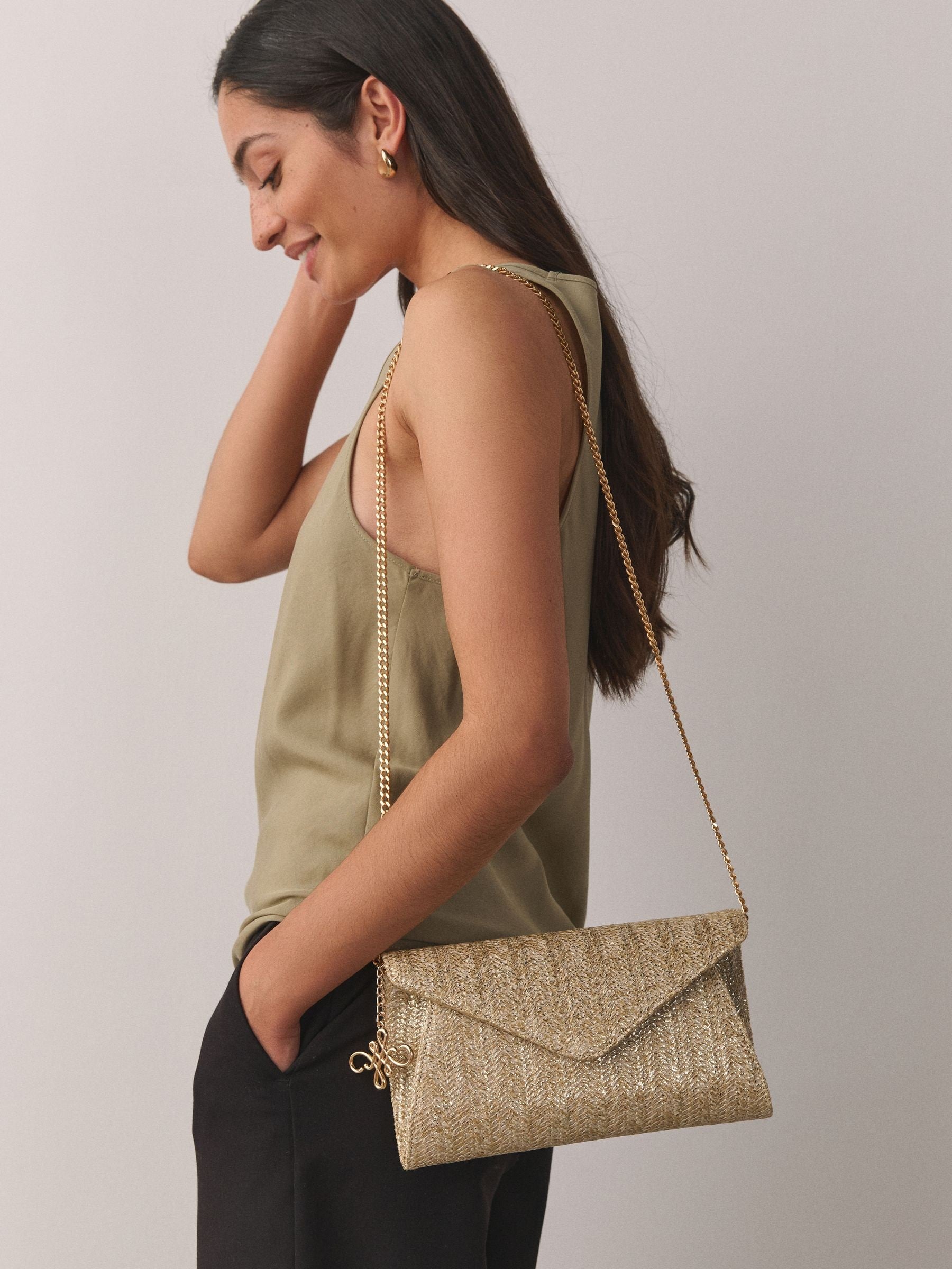 Gold metallic raffia effect clutch bag, imported from the UK