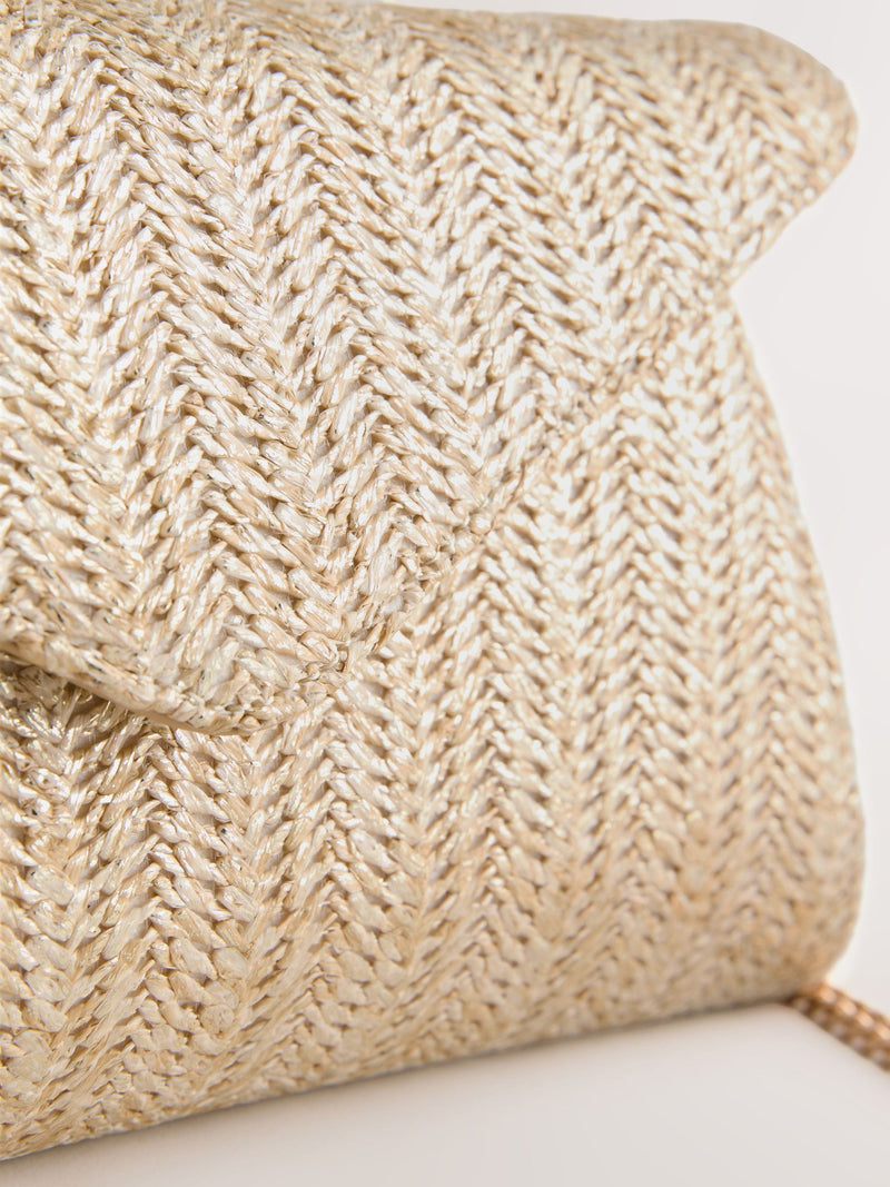 Gold metallic raffia effect clutch bag, imported from the UK