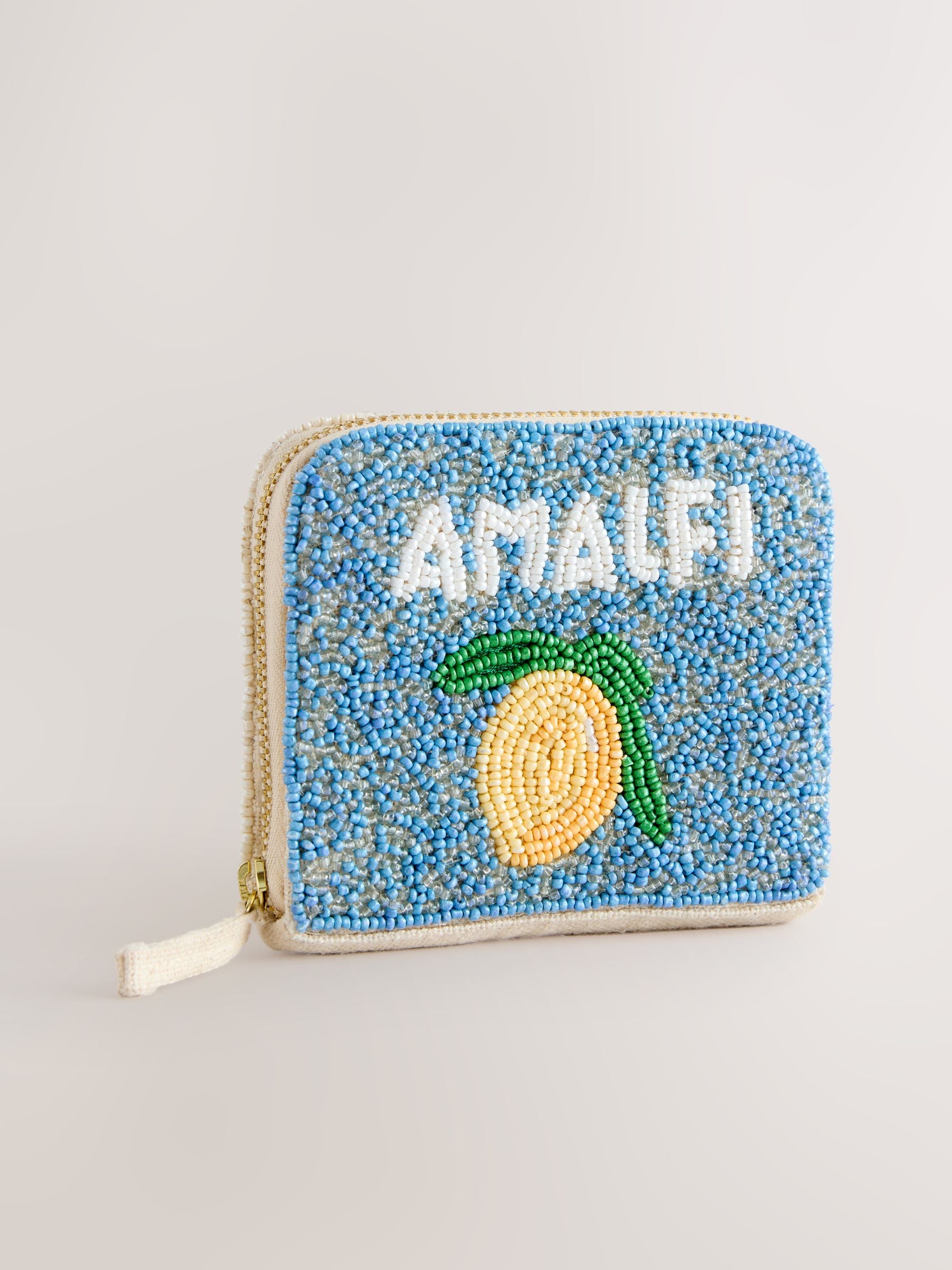 Blue beaded lemon print purse, UK version