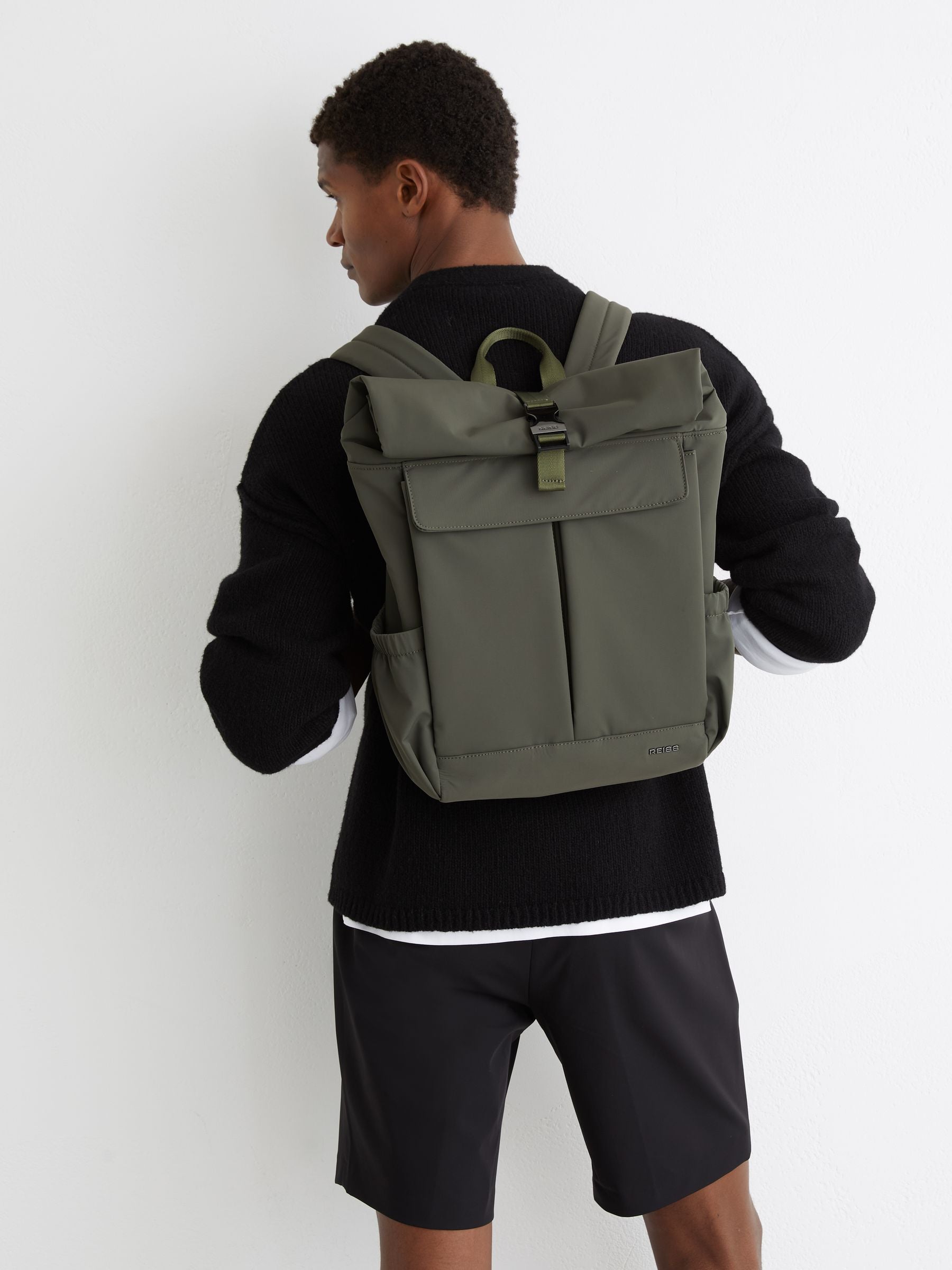 Reiss Khaki Green Technical Roll-Top Backpack, imported from the UK