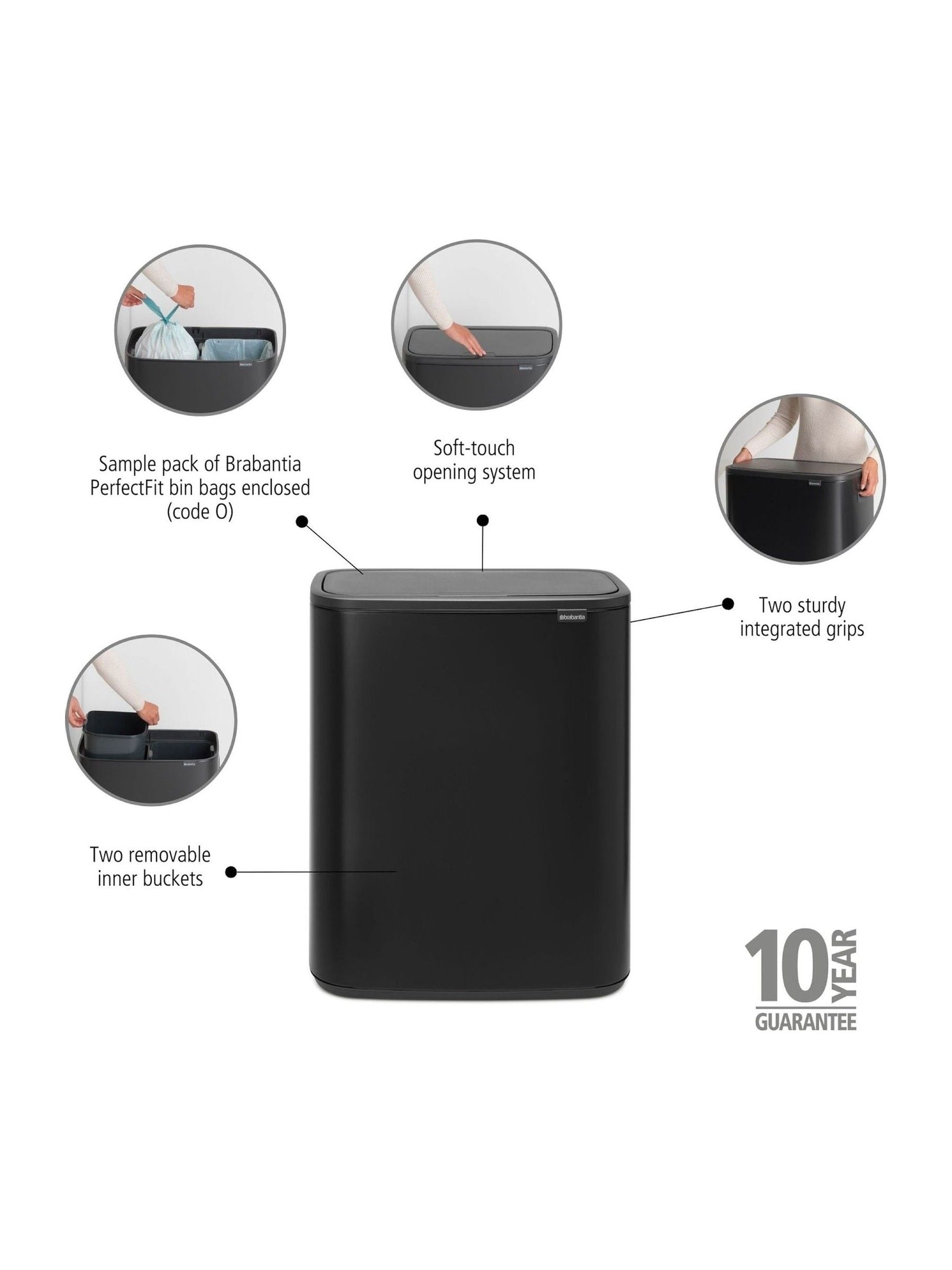 Brabantia Matt Black Bo Touch Bin 2 x 30L - British product