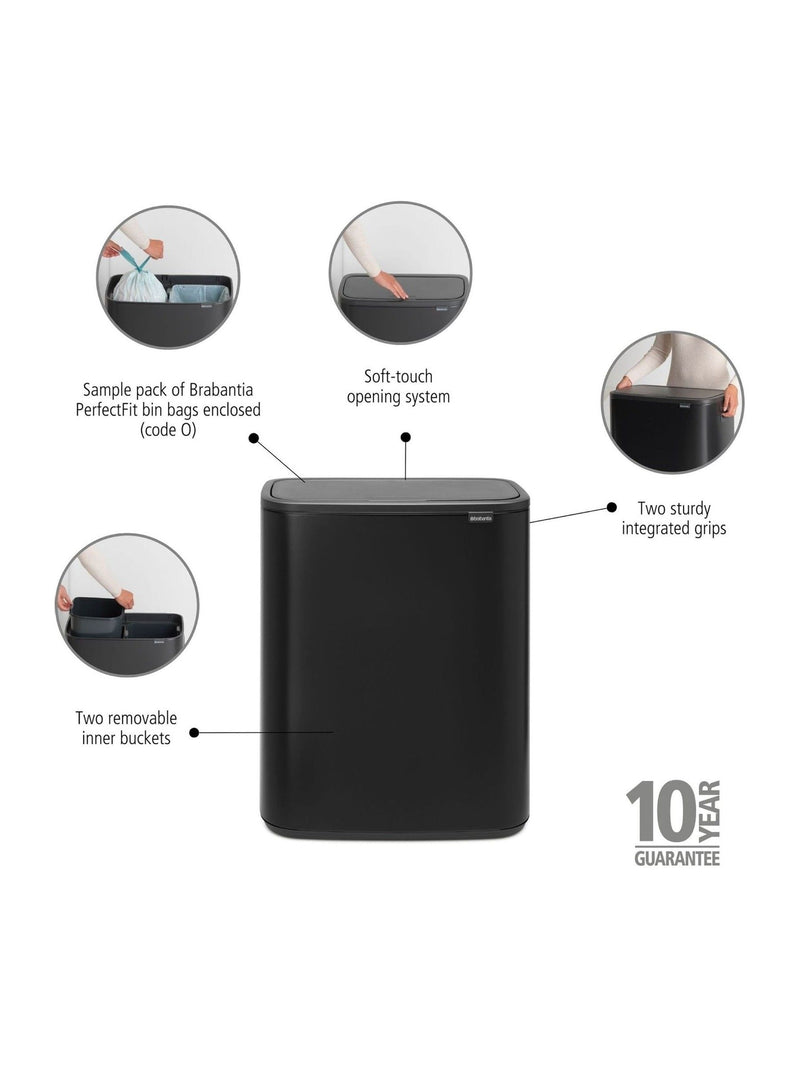 Brabantia Matt Black Bo Touch Bin 2 x 30L - British product
