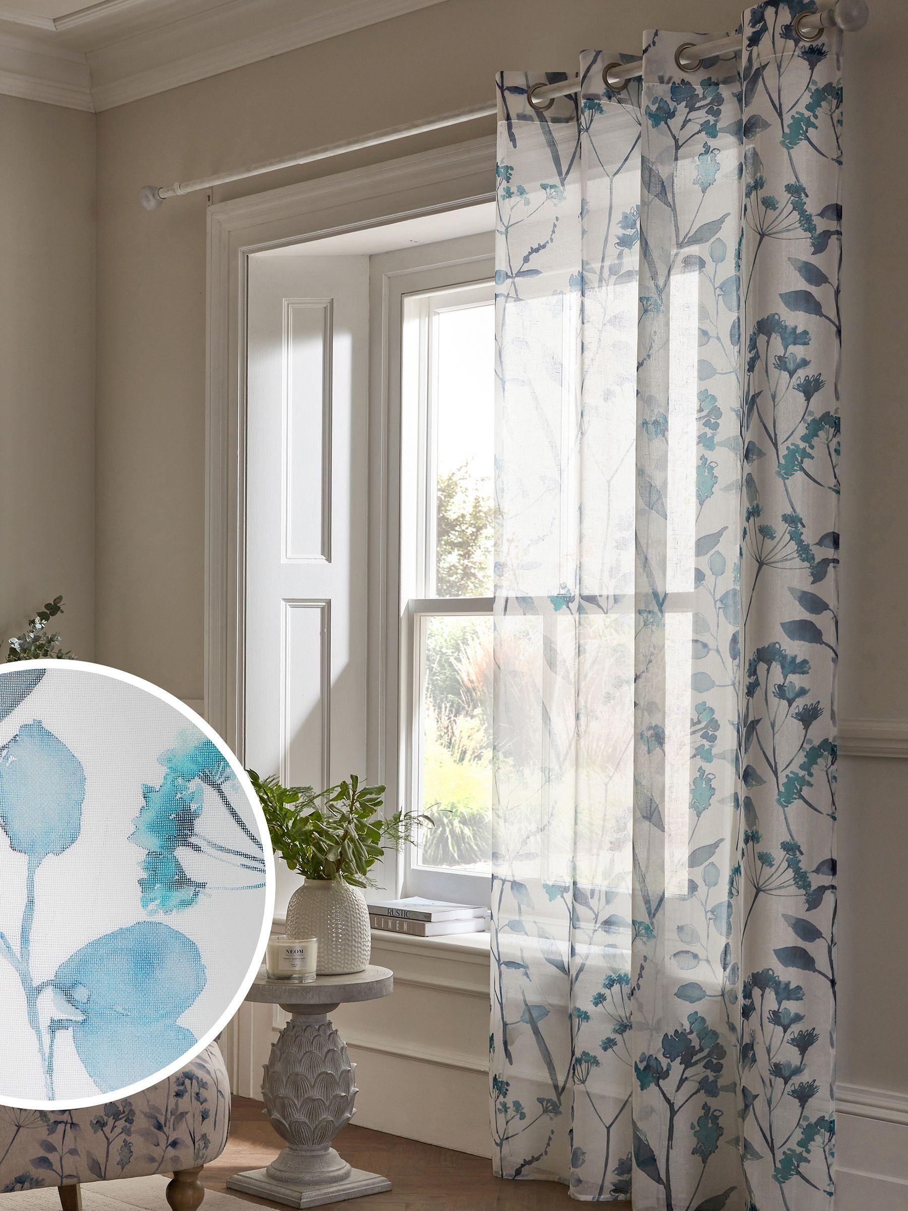Blue Isla Floral Printed Eyelet Unlined Sheer Panel Voile Curtains