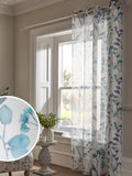 Blue Isla Floral Printed Eyelet Unlined Sheer Panel Voile Curtains