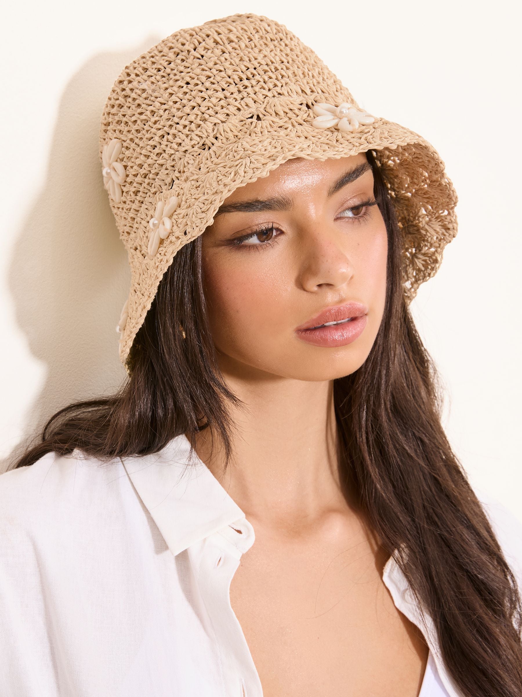 Lipsy natural shell embellished bucket hat (British brand)