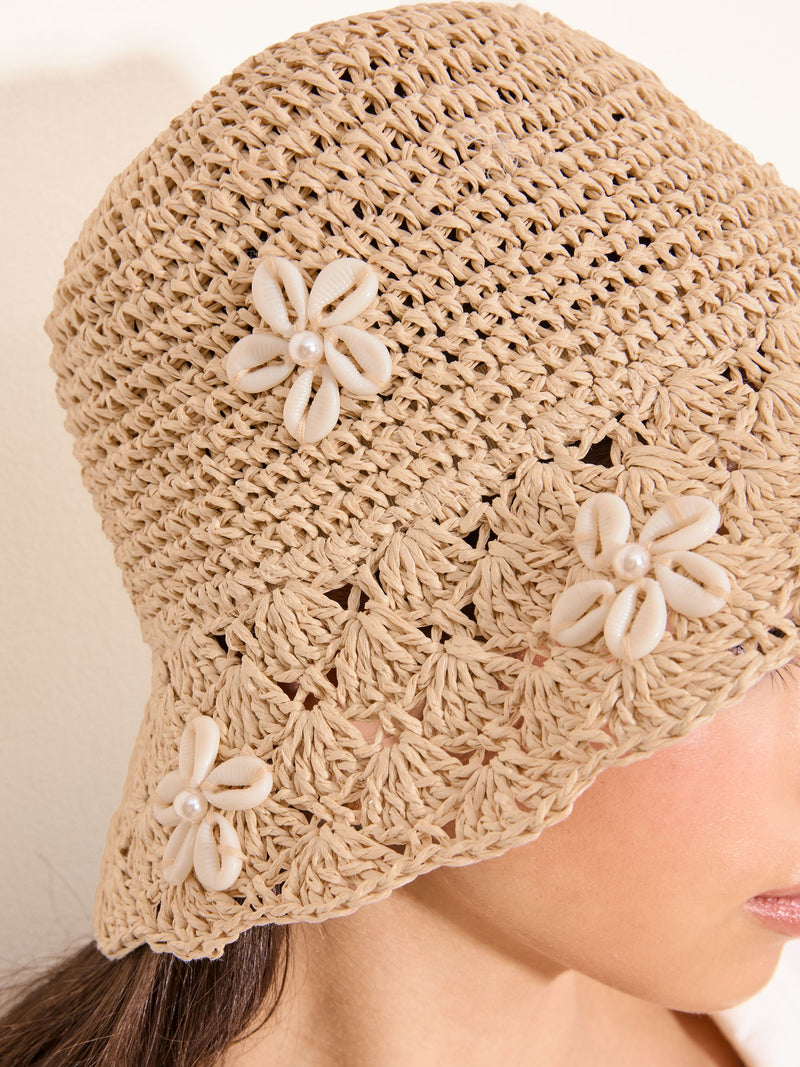 Lipsy natural shell embellished bucket hat (British brand)