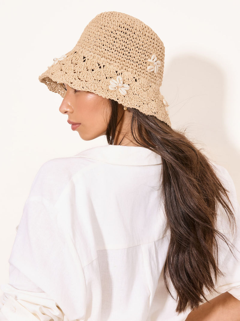 Lipsy natural shell embellished bucket hat (British brand)