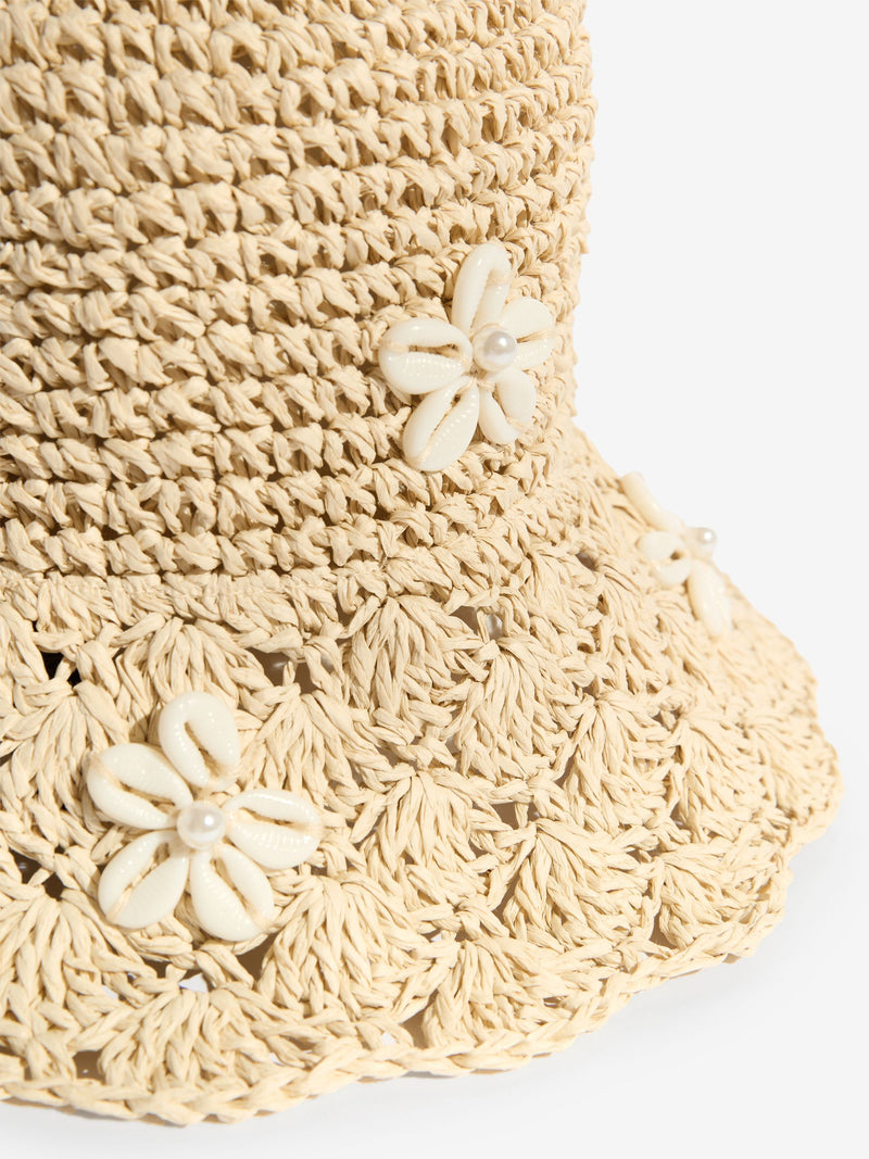 Lipsy natural shell embellished bucket hat (British brand)