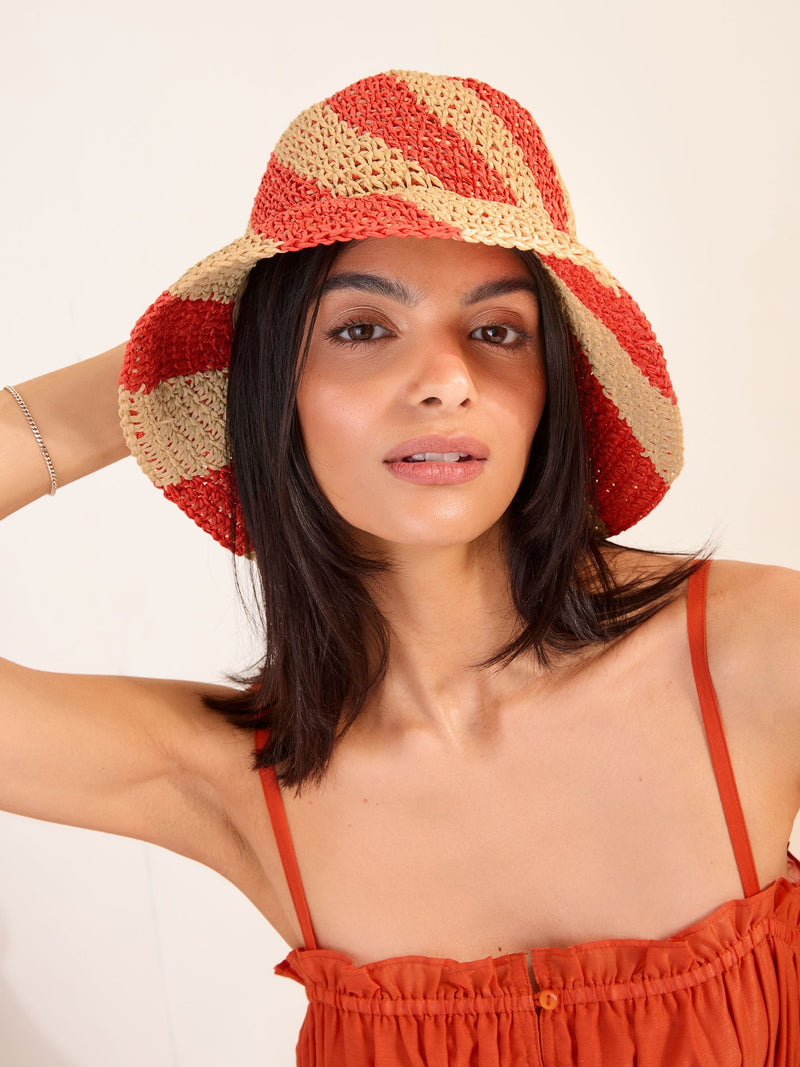 Friends Like These natural orange stripe straw look bucket hat (British brand)