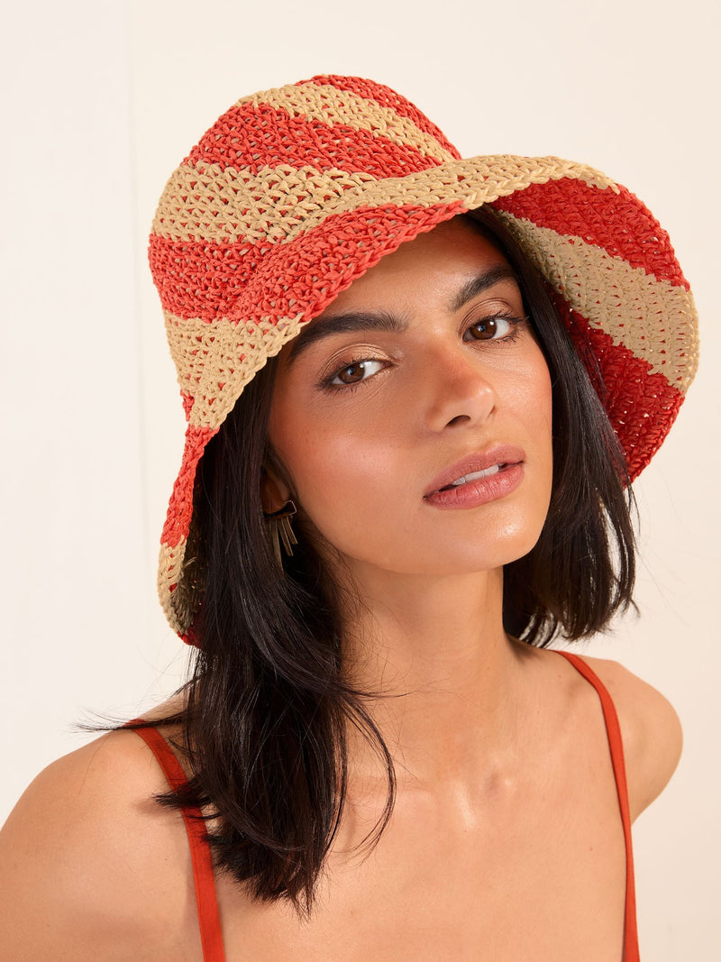 Friends Like These natural orange stripe straw look bucket hat (British brand)