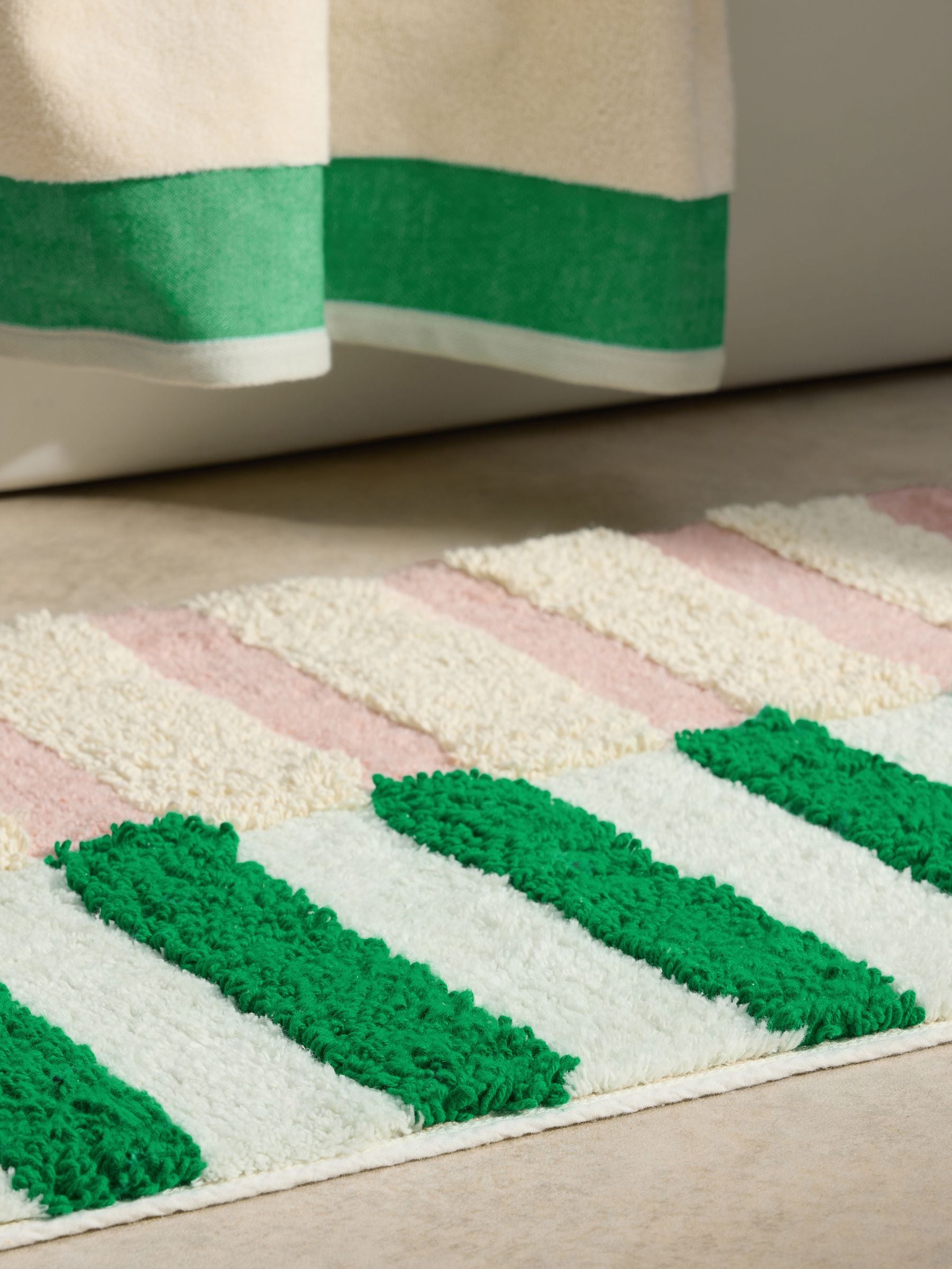 MADE.COM pink green stripe bath mat 50x80cm, imported from the UK