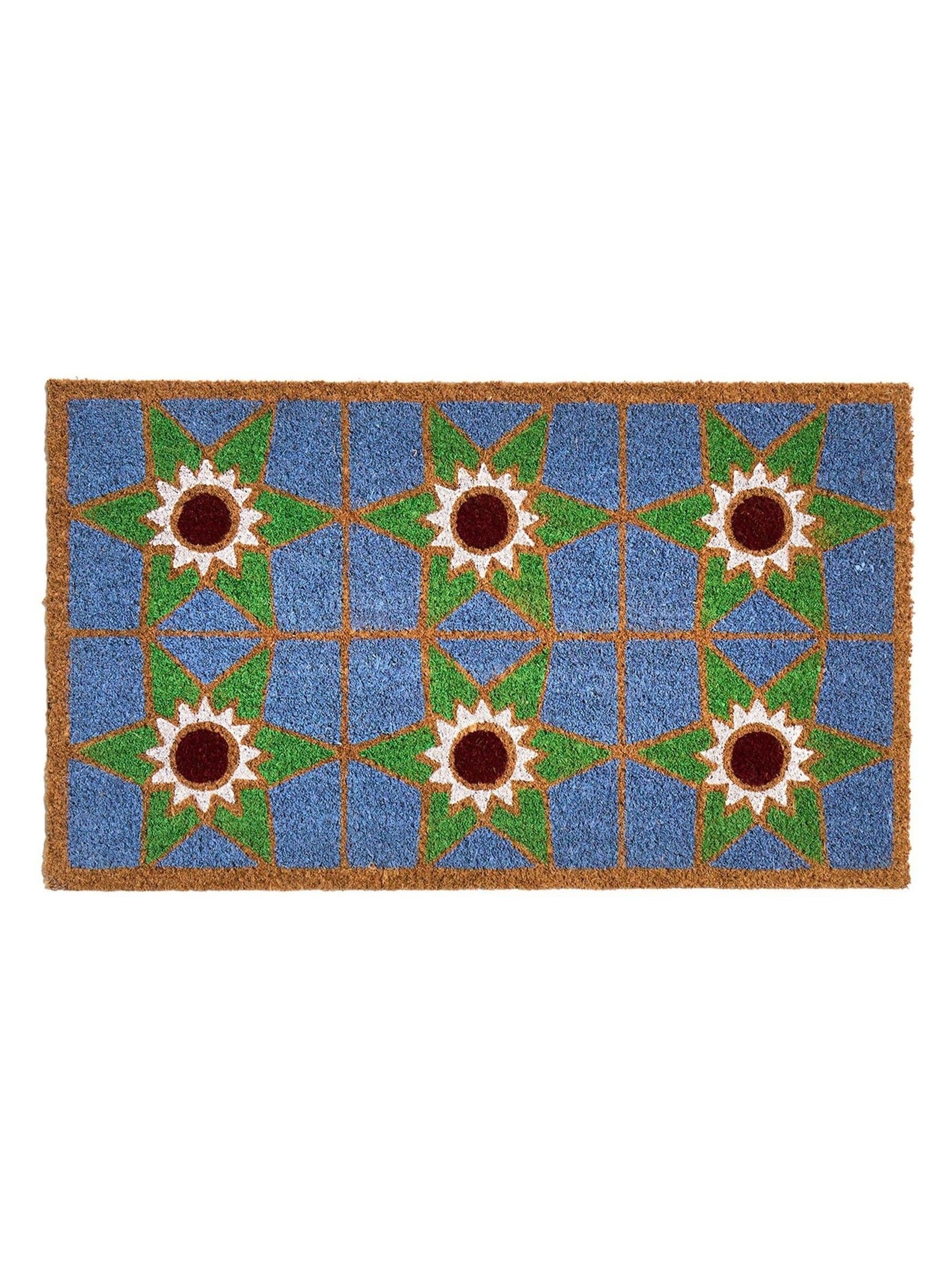 Oliver Bonas multi blue star tile doormat, imported from the UK
