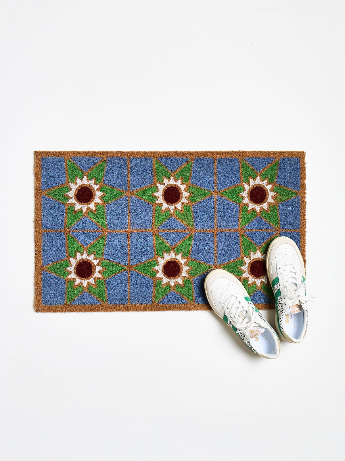 Oliver Bonas multi blue star tile doormat, imported from the UK