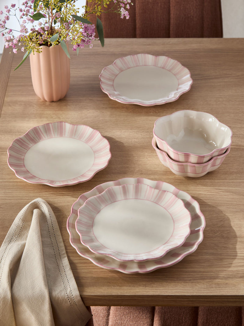 Hand painted pink stripe dinner set 12 piece, imported from the UK