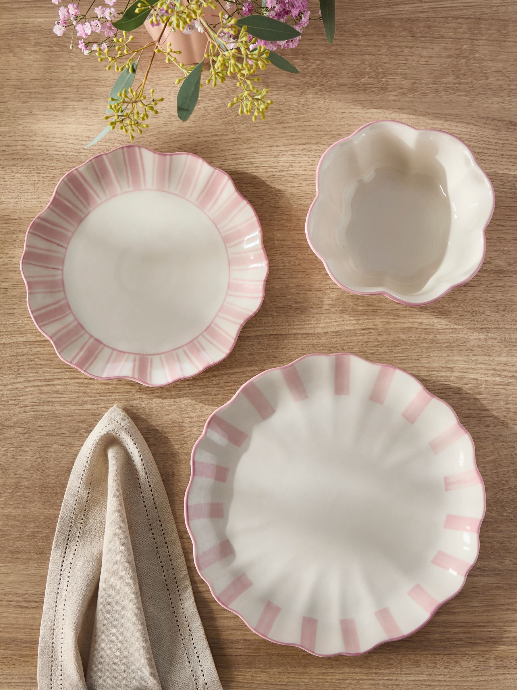 Hand painted pink stripe dinner set 12 piece, imported from the UK