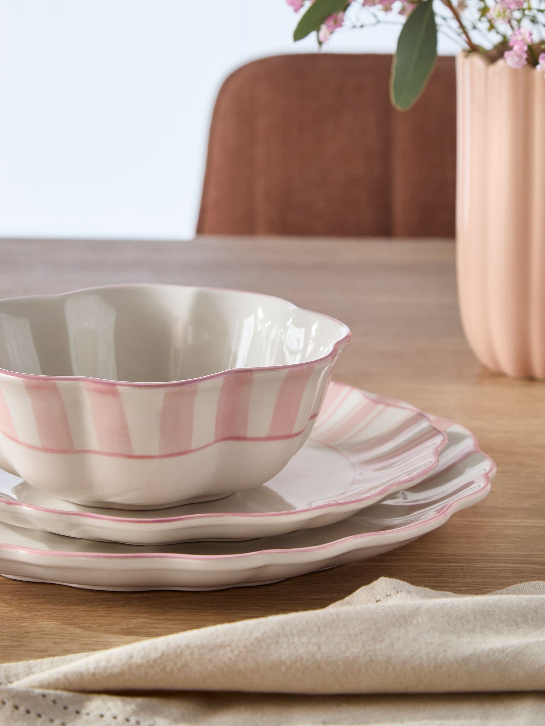 Hand painted pink stripe dinner set 12 piece, imported from the UK