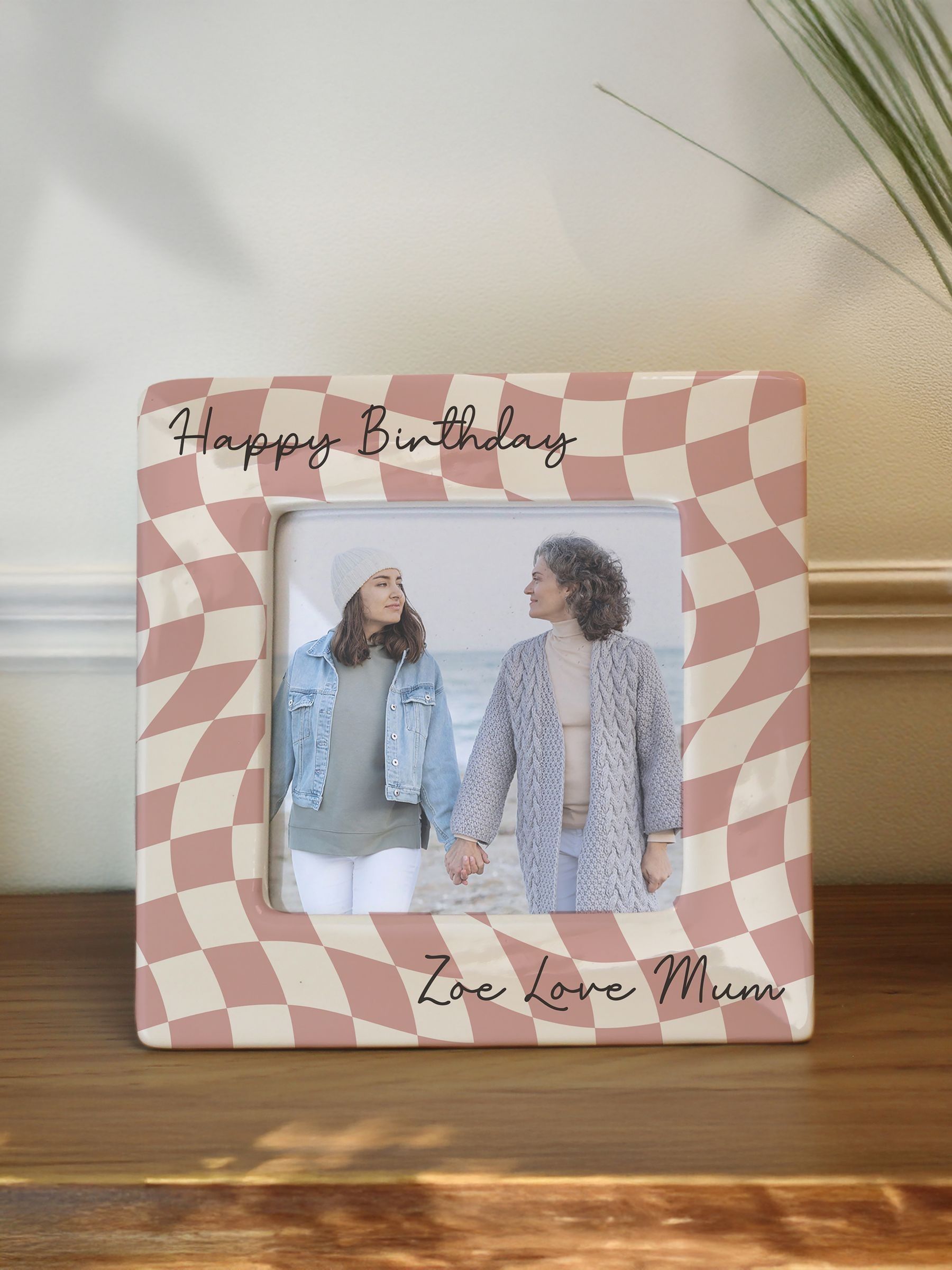 PMC personalised pink checkerboard ceramic photo frame 4x4, imported from the UK