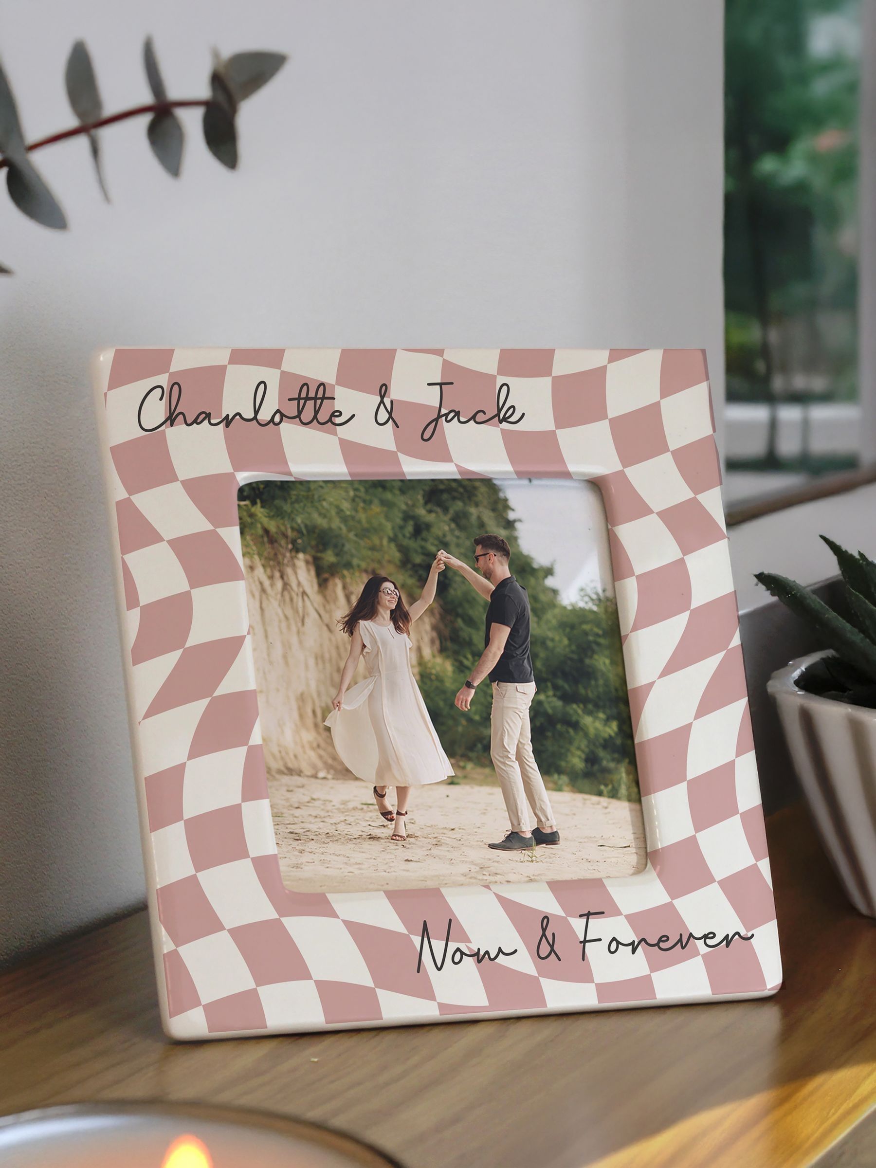 PMC personalised pink checkerboard ceramic photo frame 4x4, imported from the UK