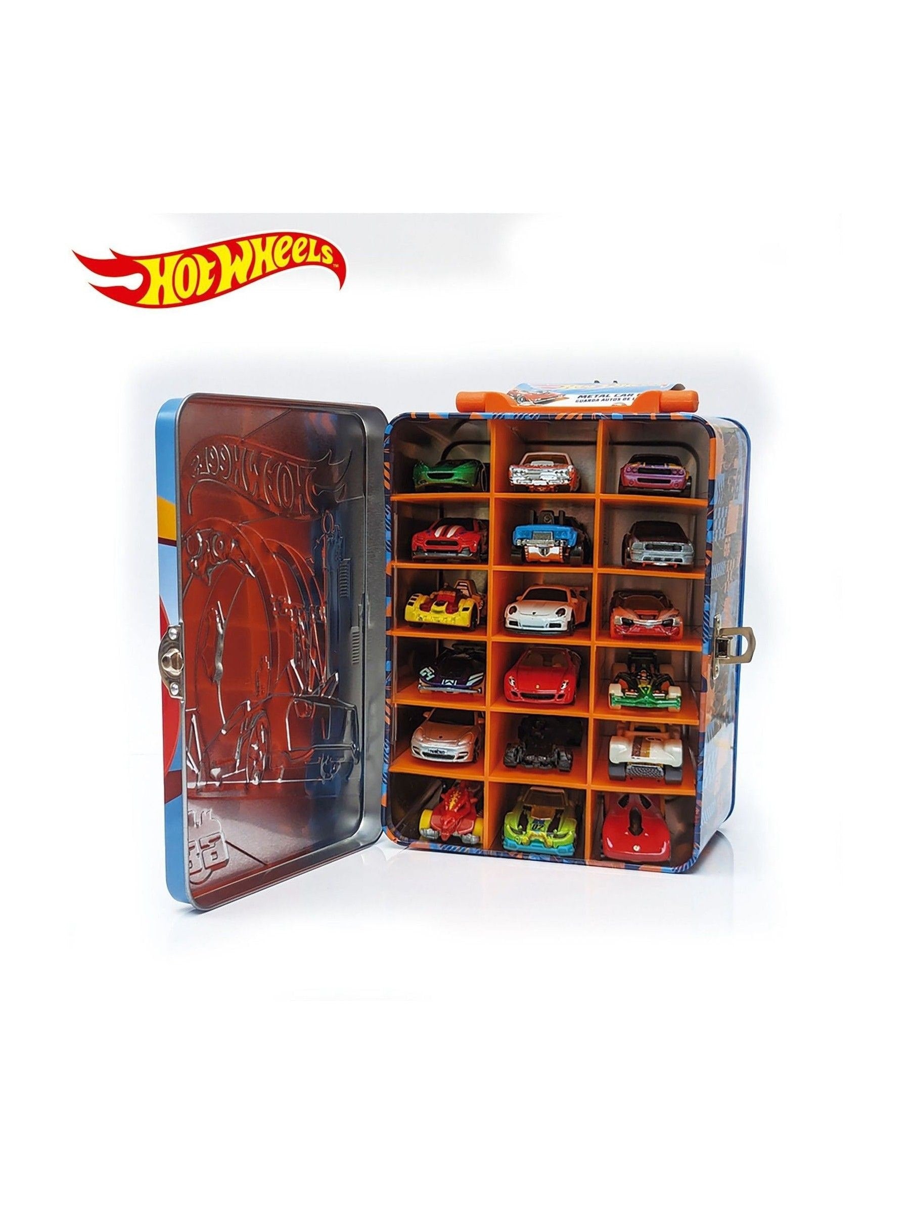 Hot Wheels tin car storage case with 18 compartments, UK version