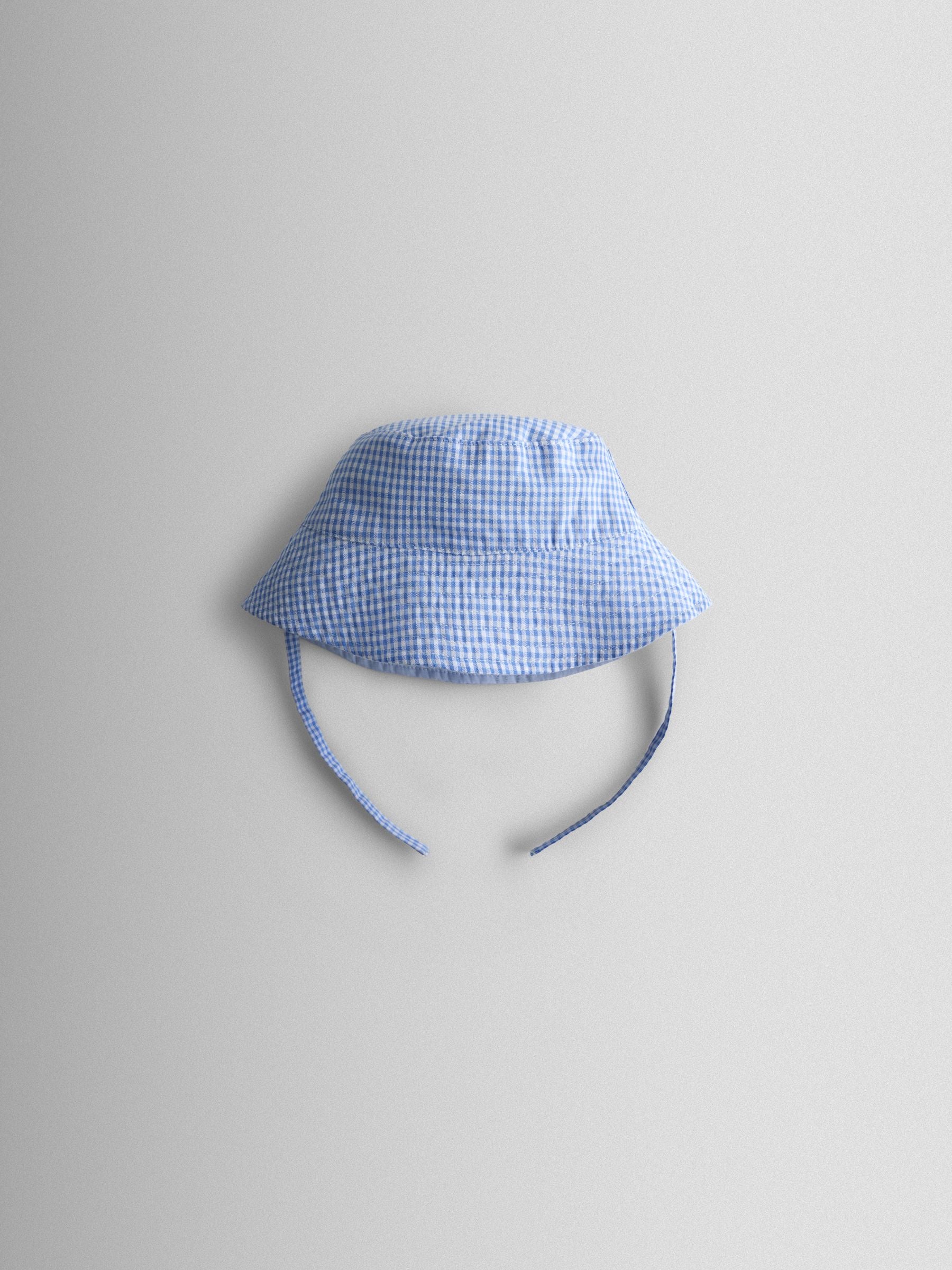 JoJo Maman Bébé light blue gingham reversible bucket hat (British brand)