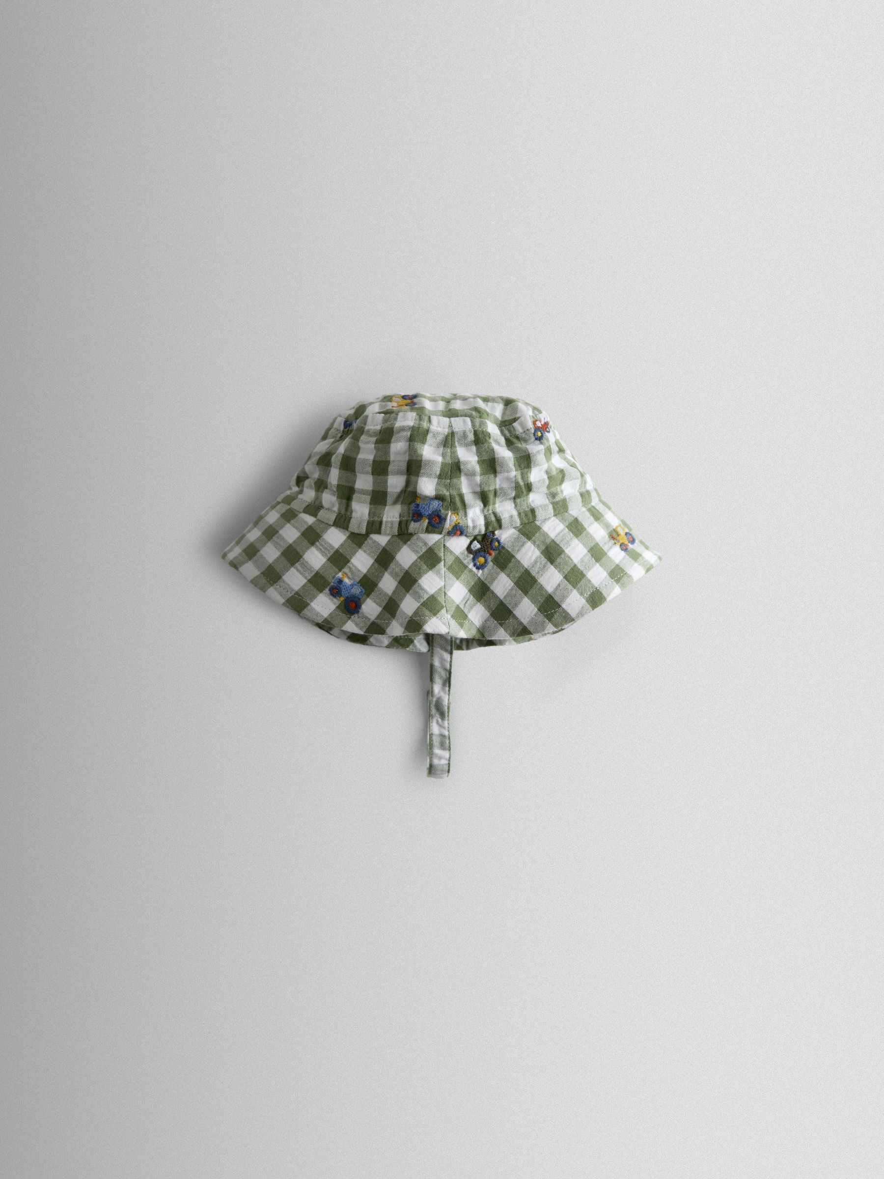 JoJo Maman Bébé green striped tractor sun hat, imported from the UK