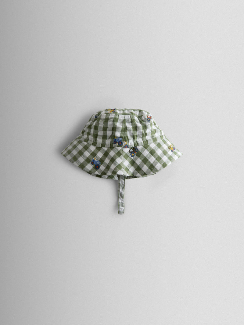 JoJo Maman Bébé green striped tractor sun hat, imported from the UK