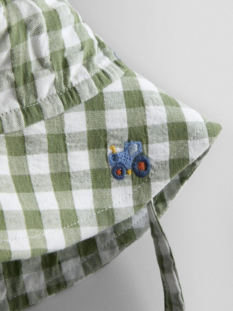JoJo Maman Bébé green striped tractor sun hat, imported from the UK