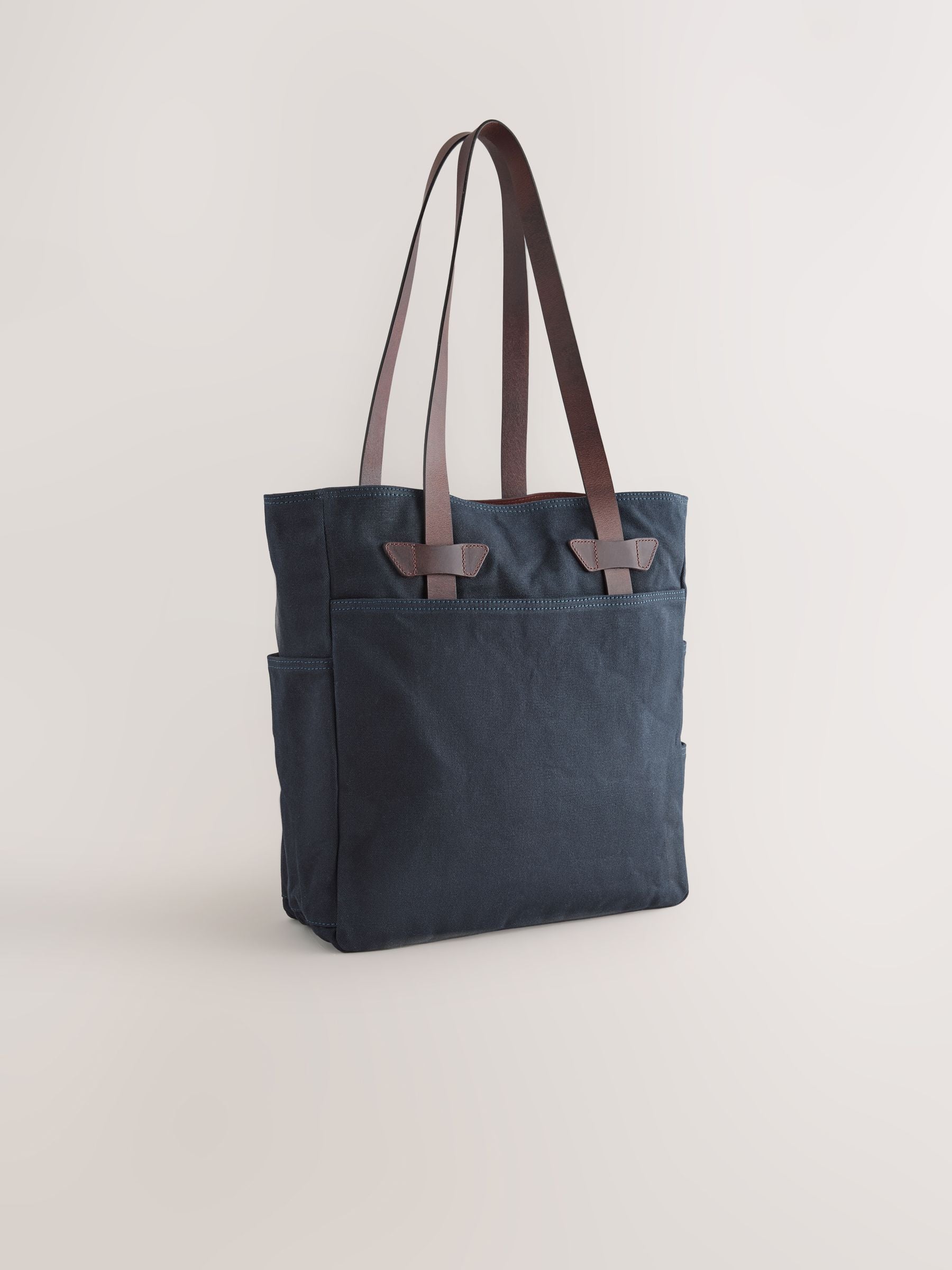 Navy waxed canvas utility tote bag with leather straps - British product