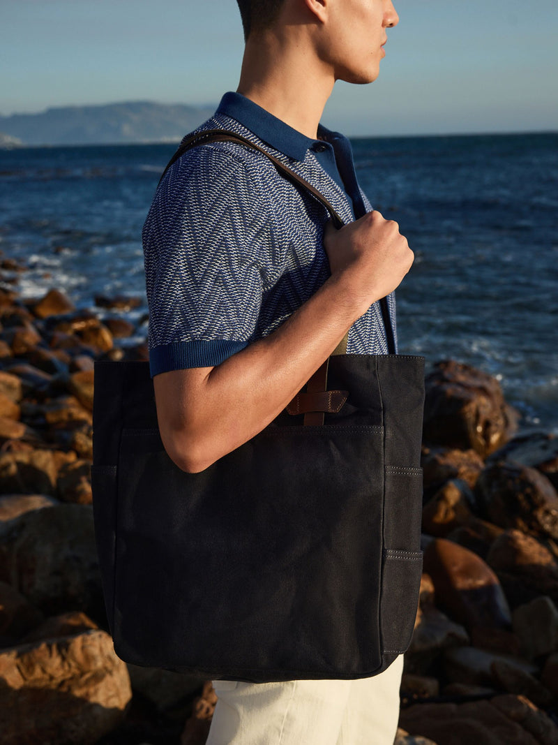 Navy waxed canvas utility tote bag with leather straps - British product