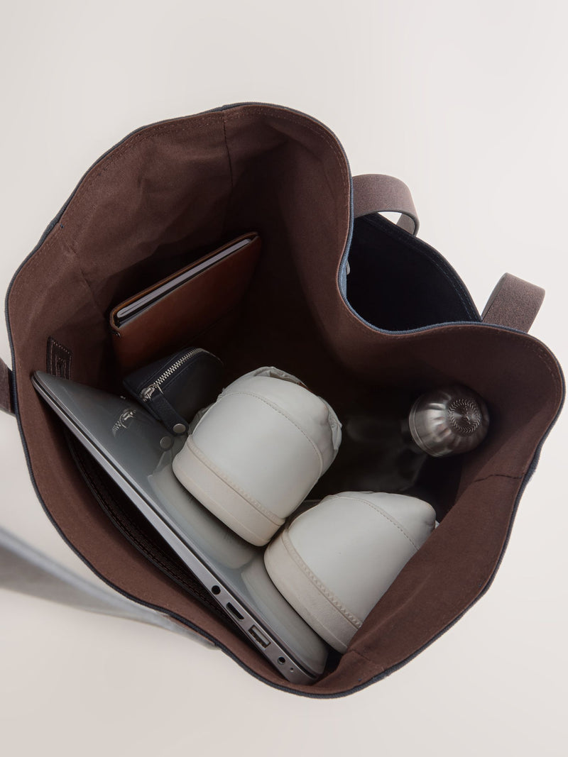 Navy waxed canvas utility tote bag with leather straps - British product