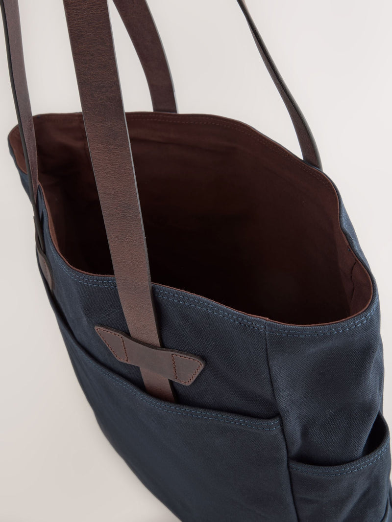 Navy waxed canvas utility tote bag with leather straps - British product