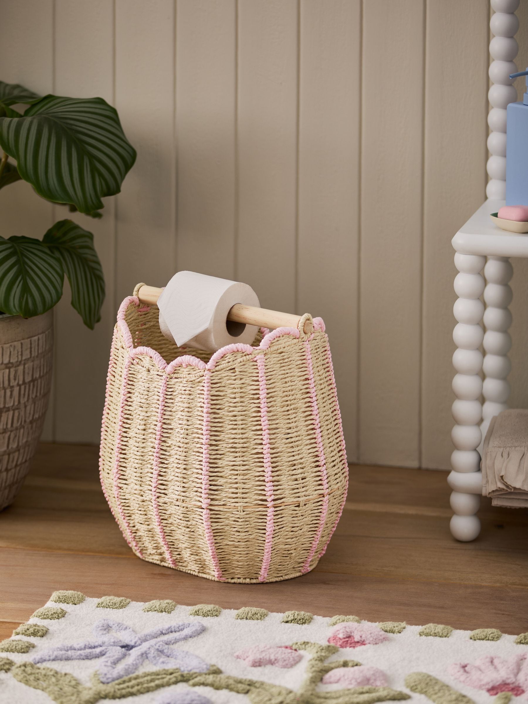 Pink scallop weave toilet roll holder and storage 40cm - British product