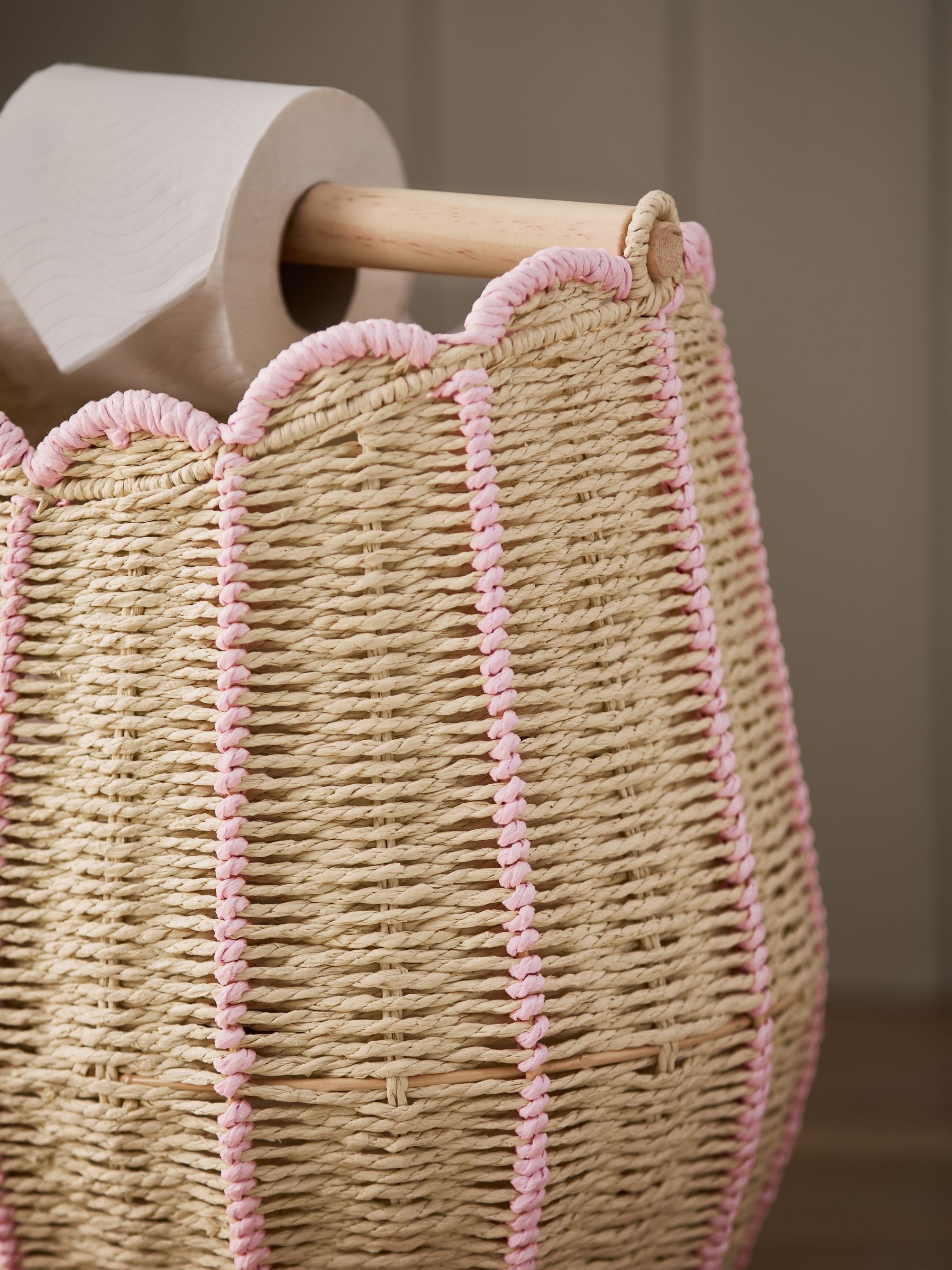 Pink scallop weave toilet roll holder and storage 40cm - British product