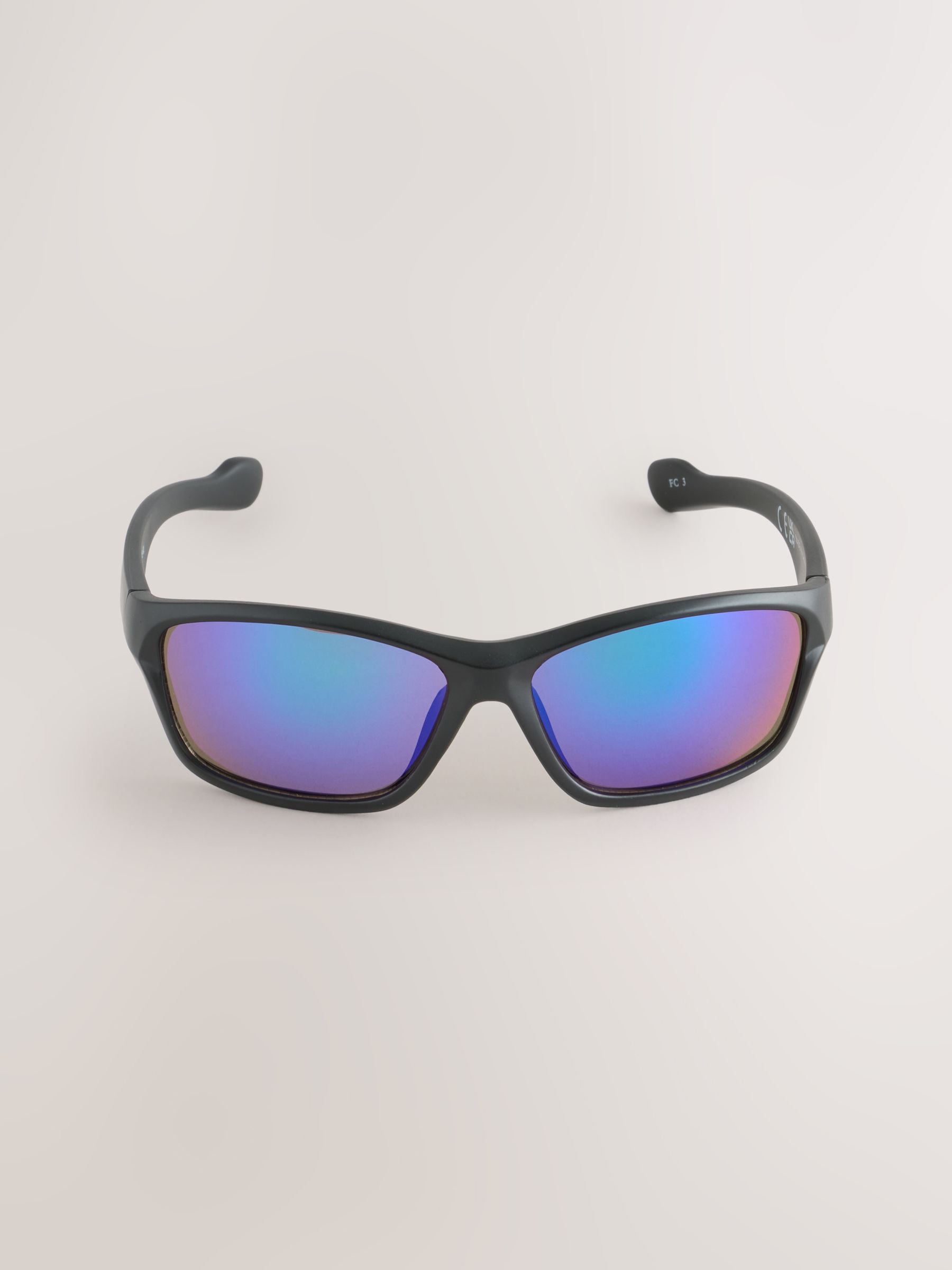 Black sport sunglasses with blue-tinted lenses, imported from the UK