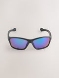 Black sport sunglasses with blue-tinted lenses, imported from the UK