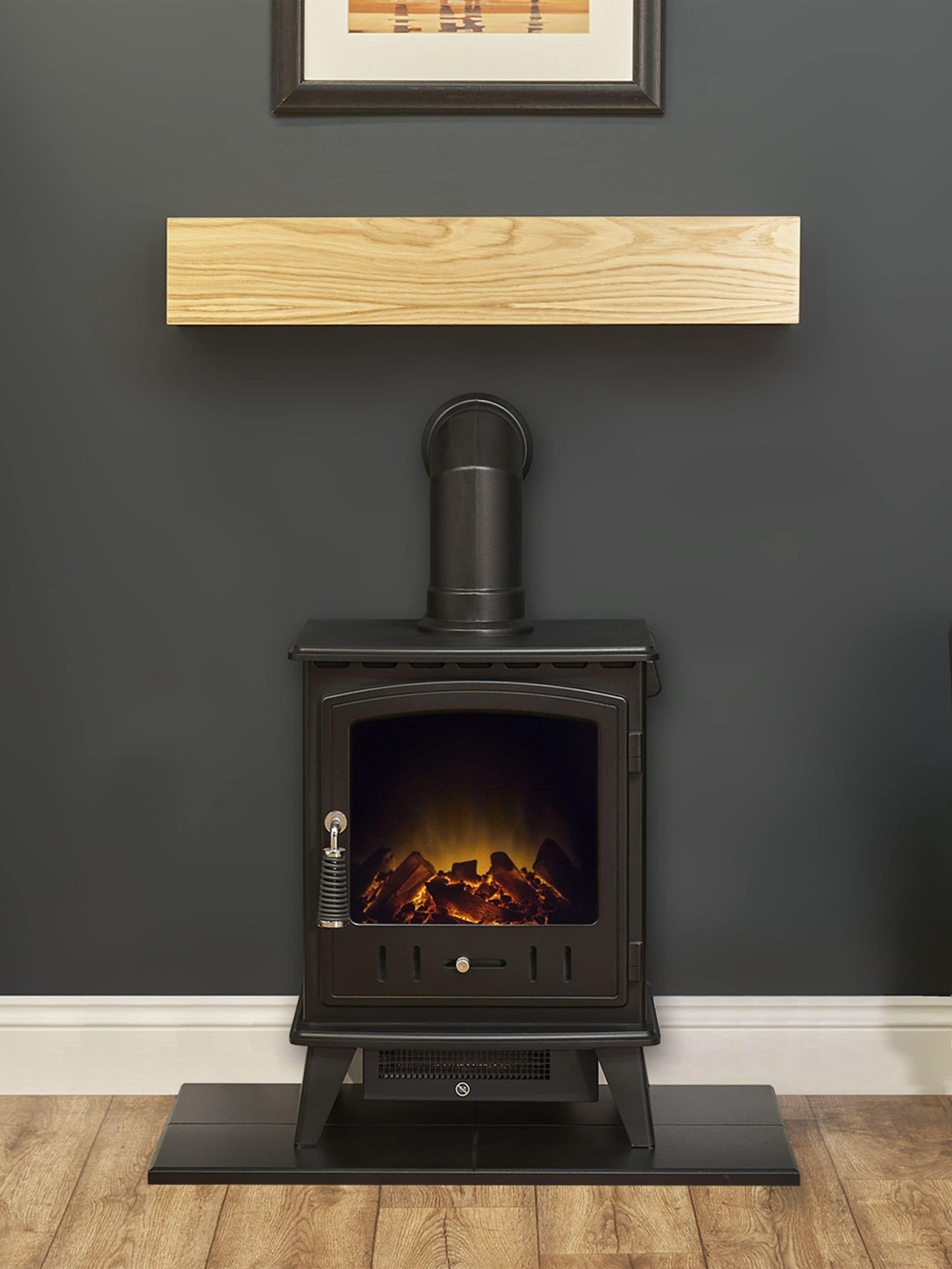 Adam Aviemore electric stove set with oak beam and hearth (British brand)