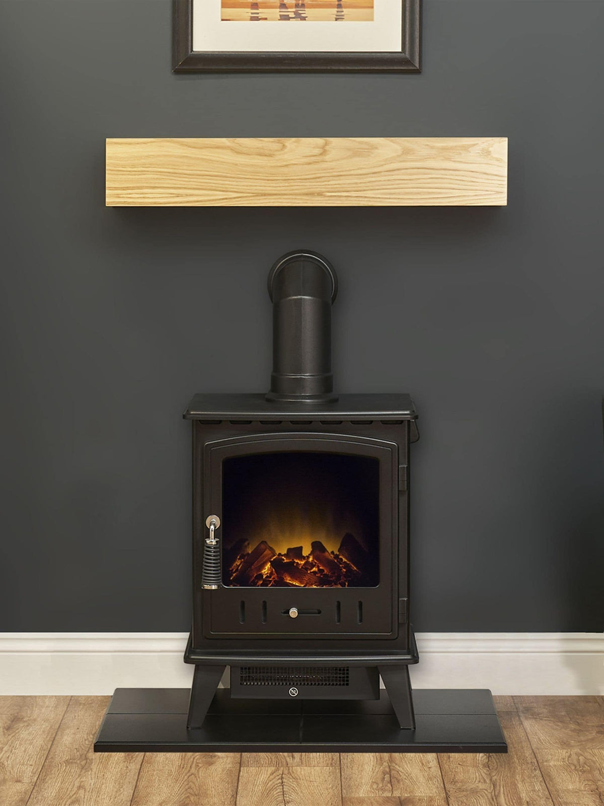 Adam Aviemore electric stove set with oak beam and hearth (British brand)