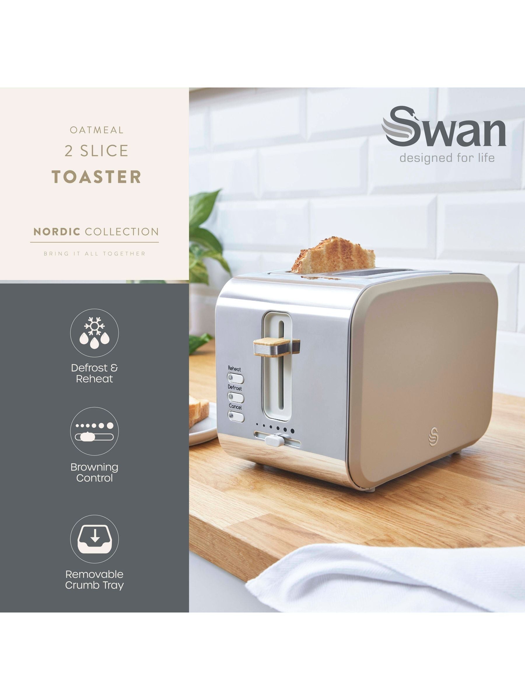 Swan Oatmeal Nordic 2 Slice Toaster