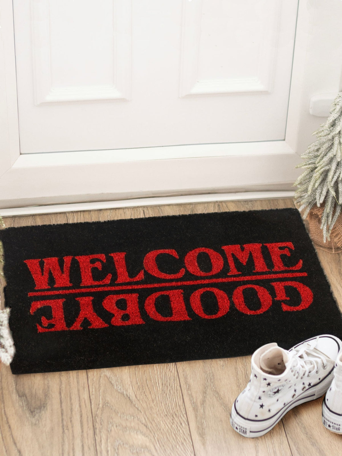 Something Different black coir doormat Welcome Goodbye design, imported from the UK