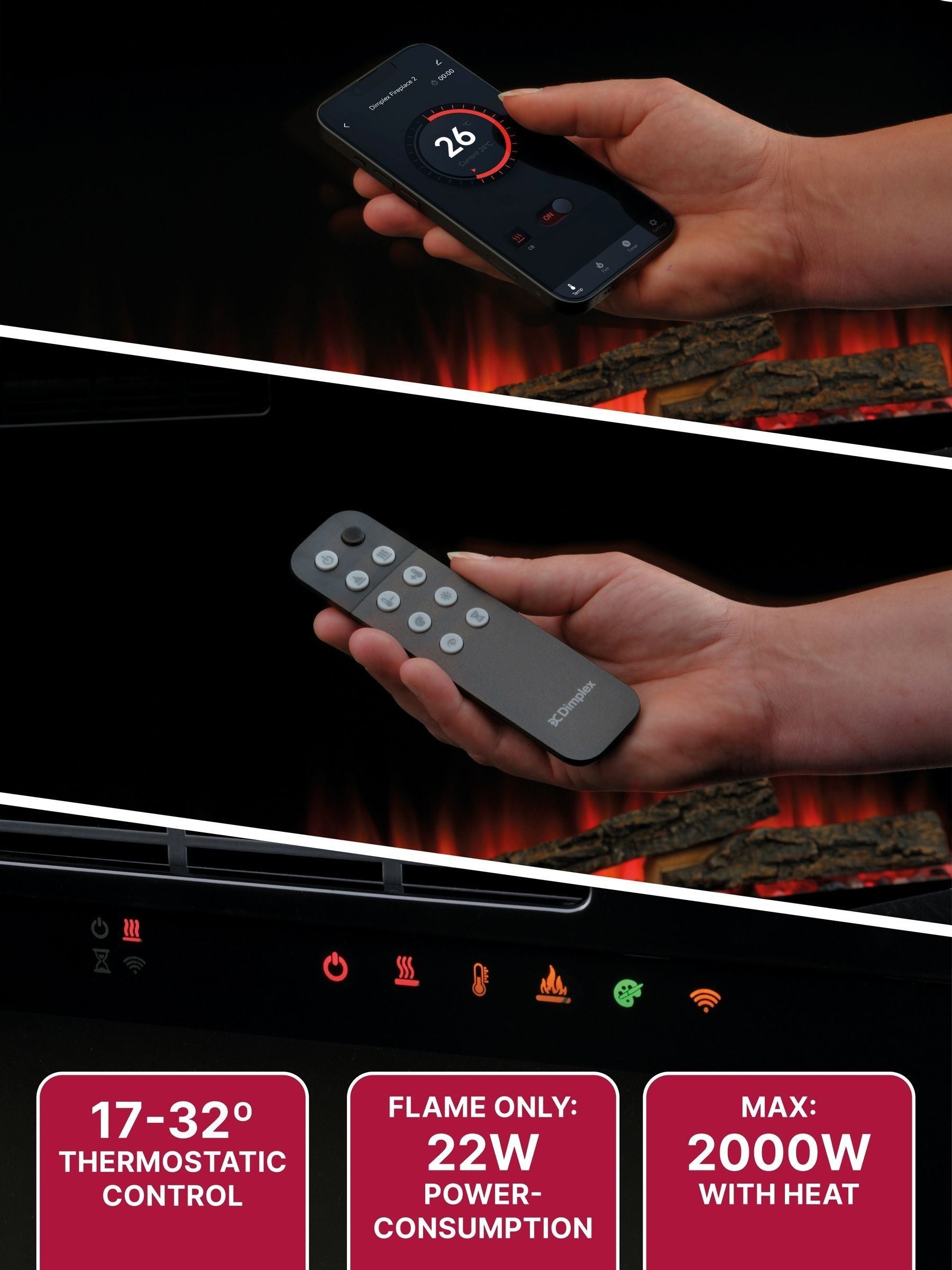 Dimplex black Sense Optiflame electric fire, imported from the UK