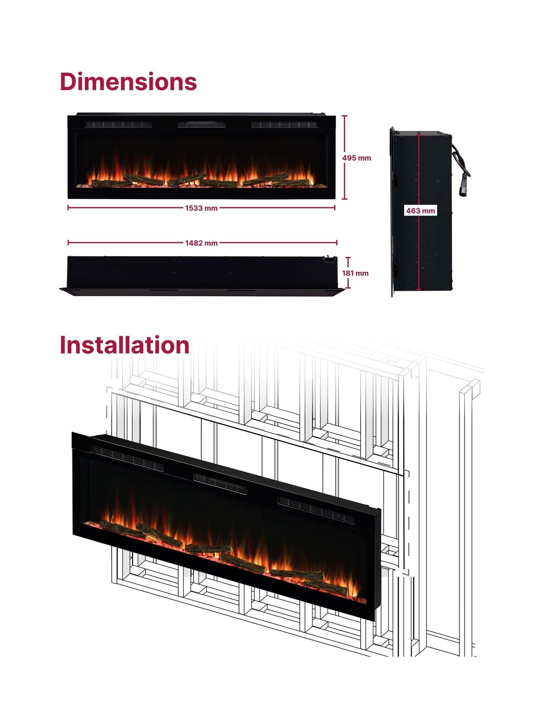 Dimplex black Sense Optiflame electric fire, imported from the UK