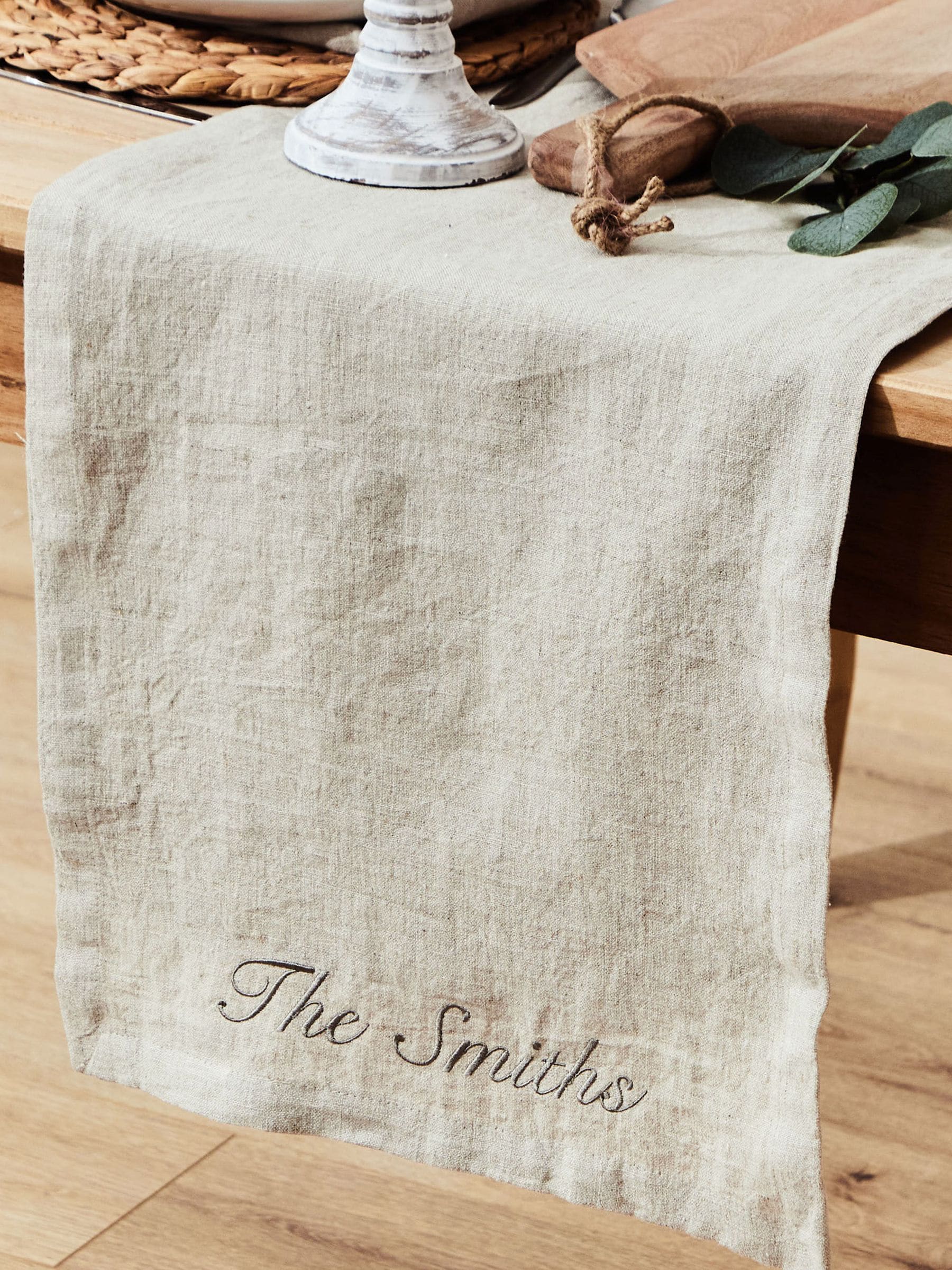 Made Yours Natural personalised linen table runner (British brand)