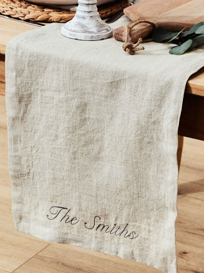 Made Yours Natural personalised linen table runner (British brand)